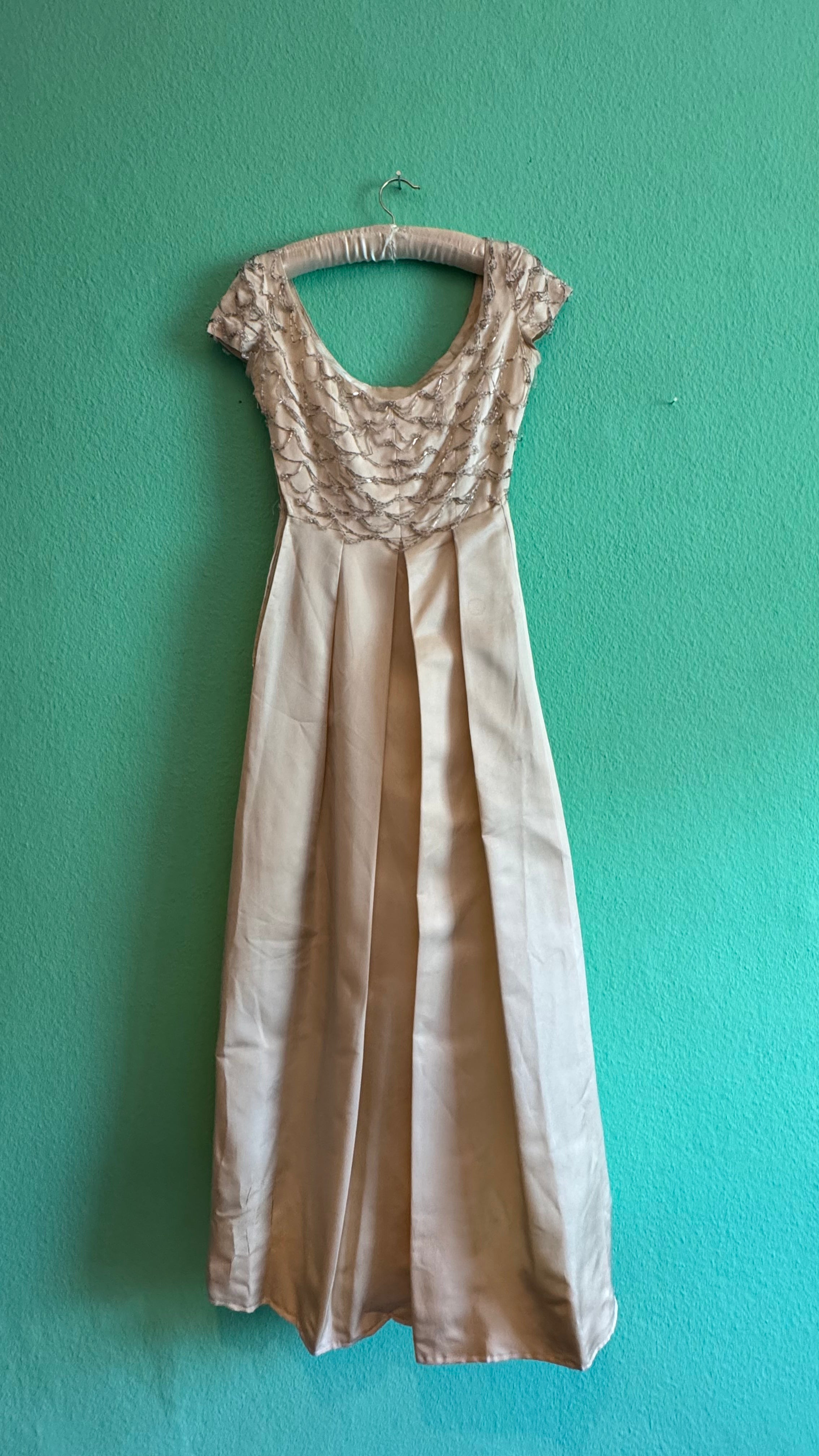 1950s Champagne Beaded Evening Dress With Bow Detail
