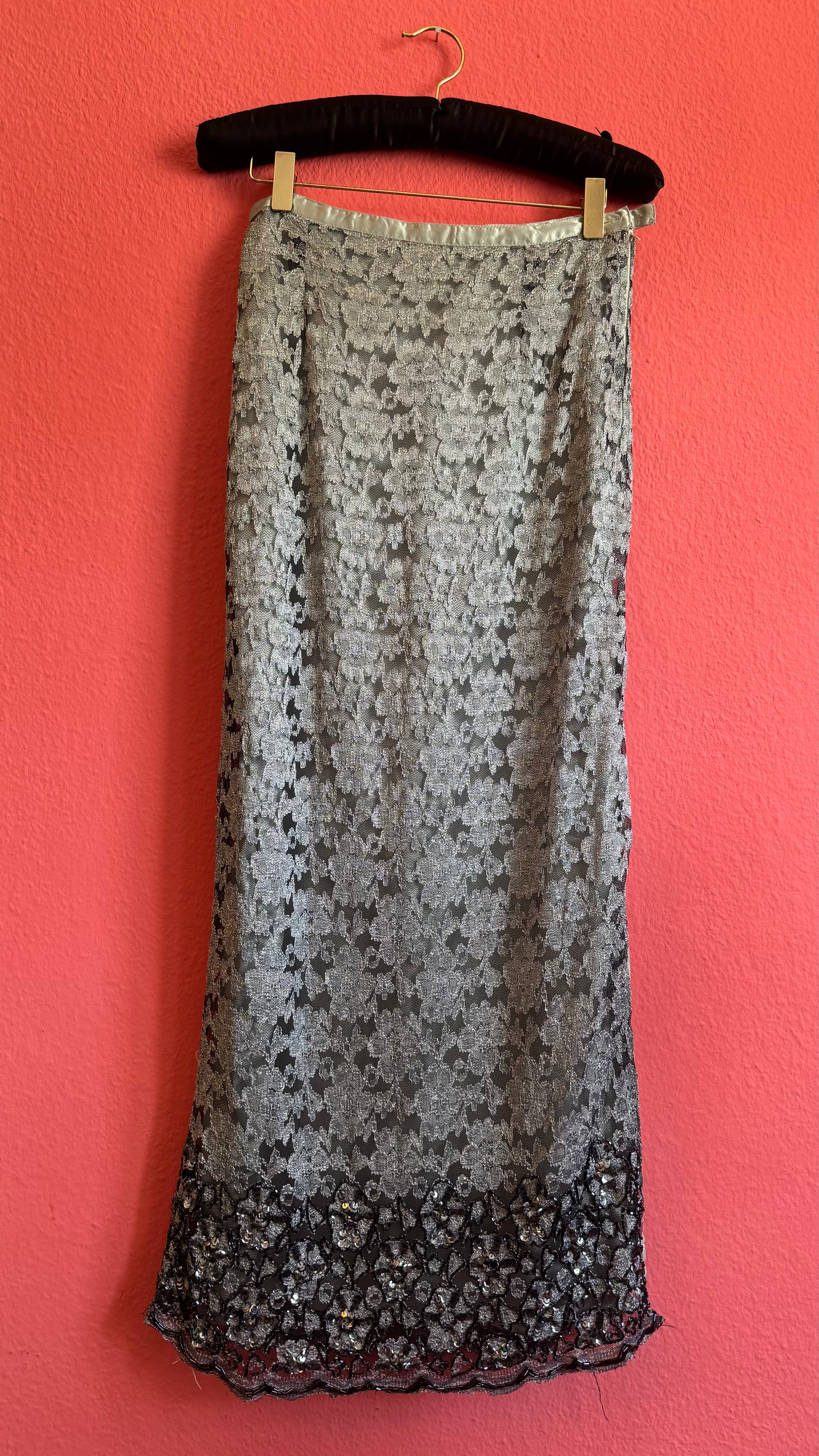 Vintage 1990s Silver Floral Lace Beaded Midi Skirt