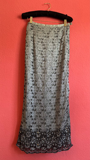 Vintage 1990s Silver Floral Lace Beaded Midi Skirt