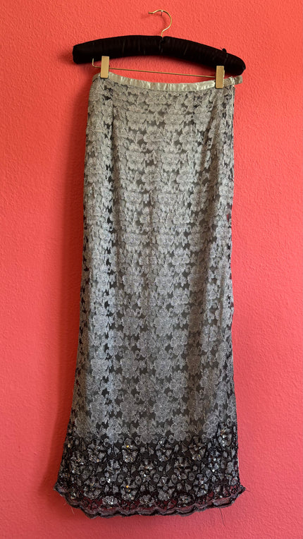 Vintage 1990s Silver Floral Lace Beaded Midi Skirt