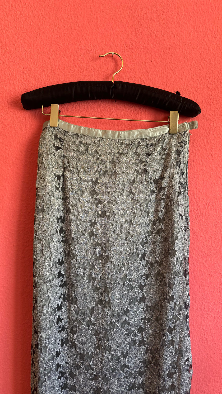 Vintage 1990s Silver Floral Lace Beaded Midi Skirt