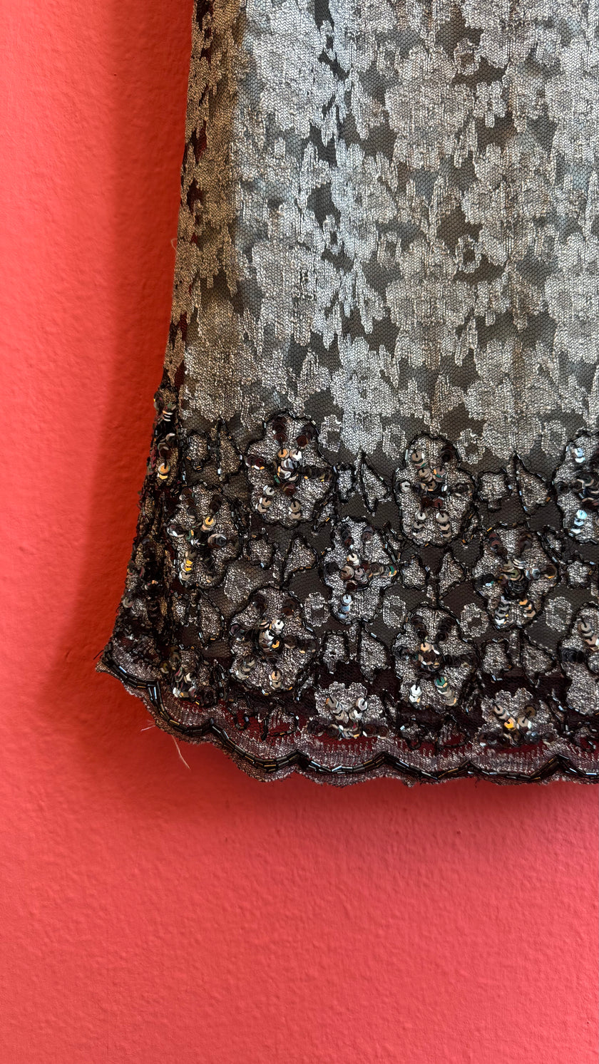 Vintage 1990s Silver Floral Lace Beaded Midi Skirt