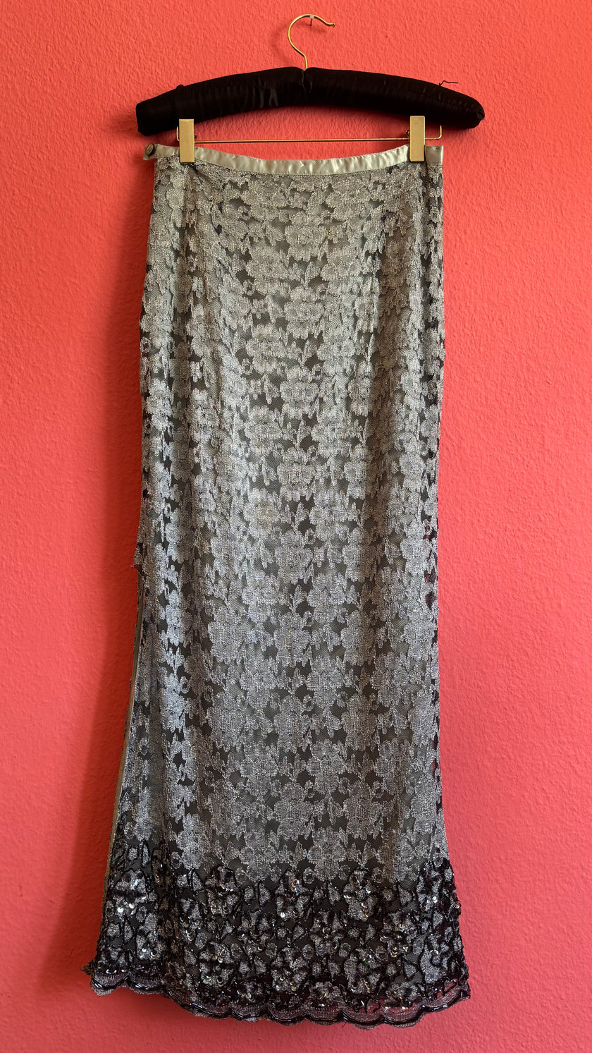 Vintage 1990s Silver Floral Lace Beaded Midi Skirt