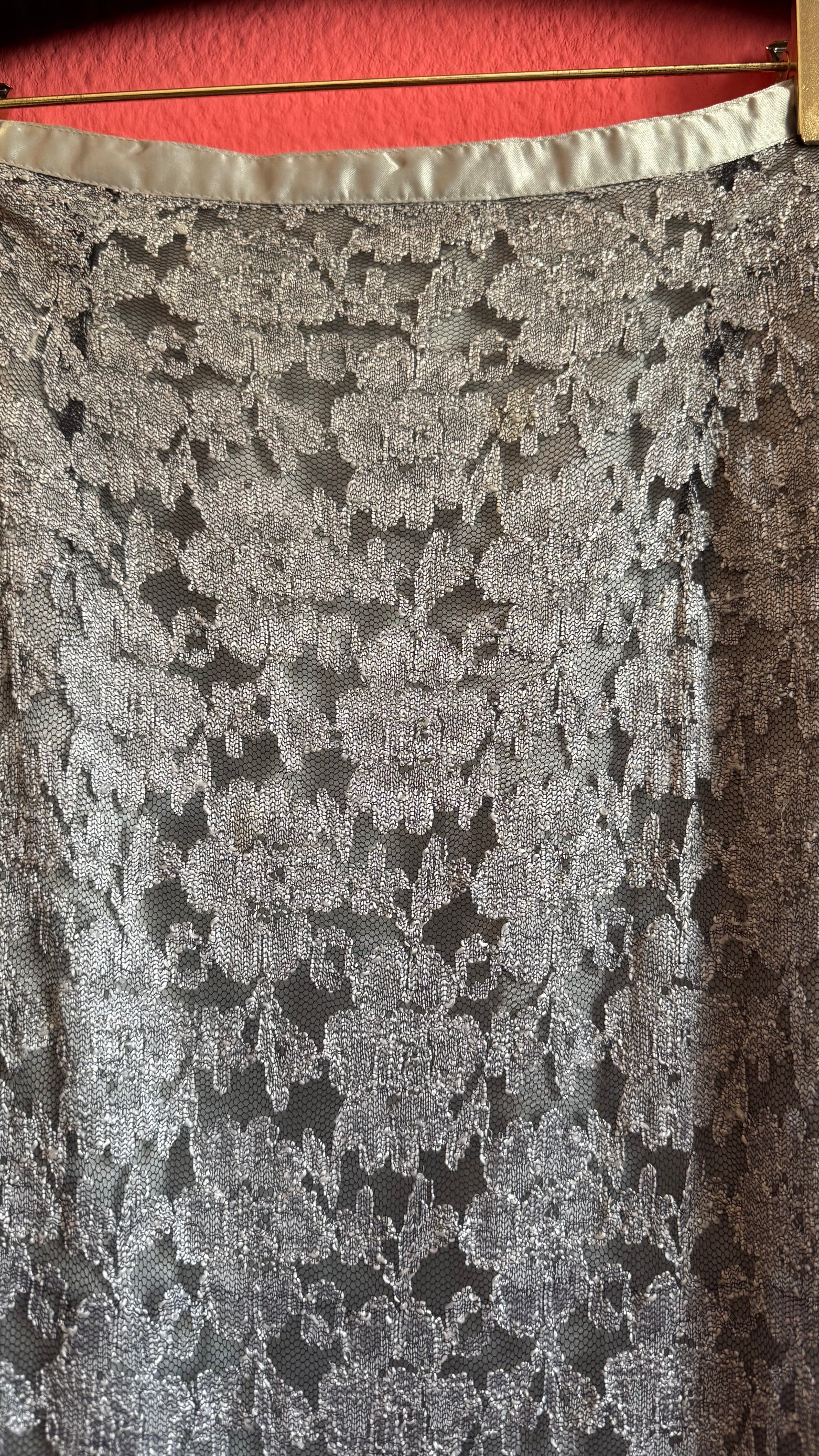 Vintage 1990s Silver Floral Lace Beaded Midi Skirt