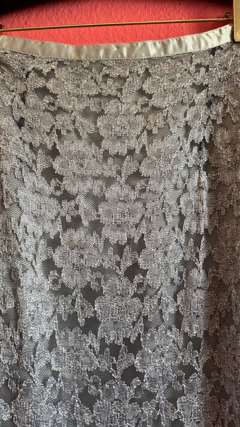 Vintage 1990s Silver Floral Lace Beaded Midi Skirt
