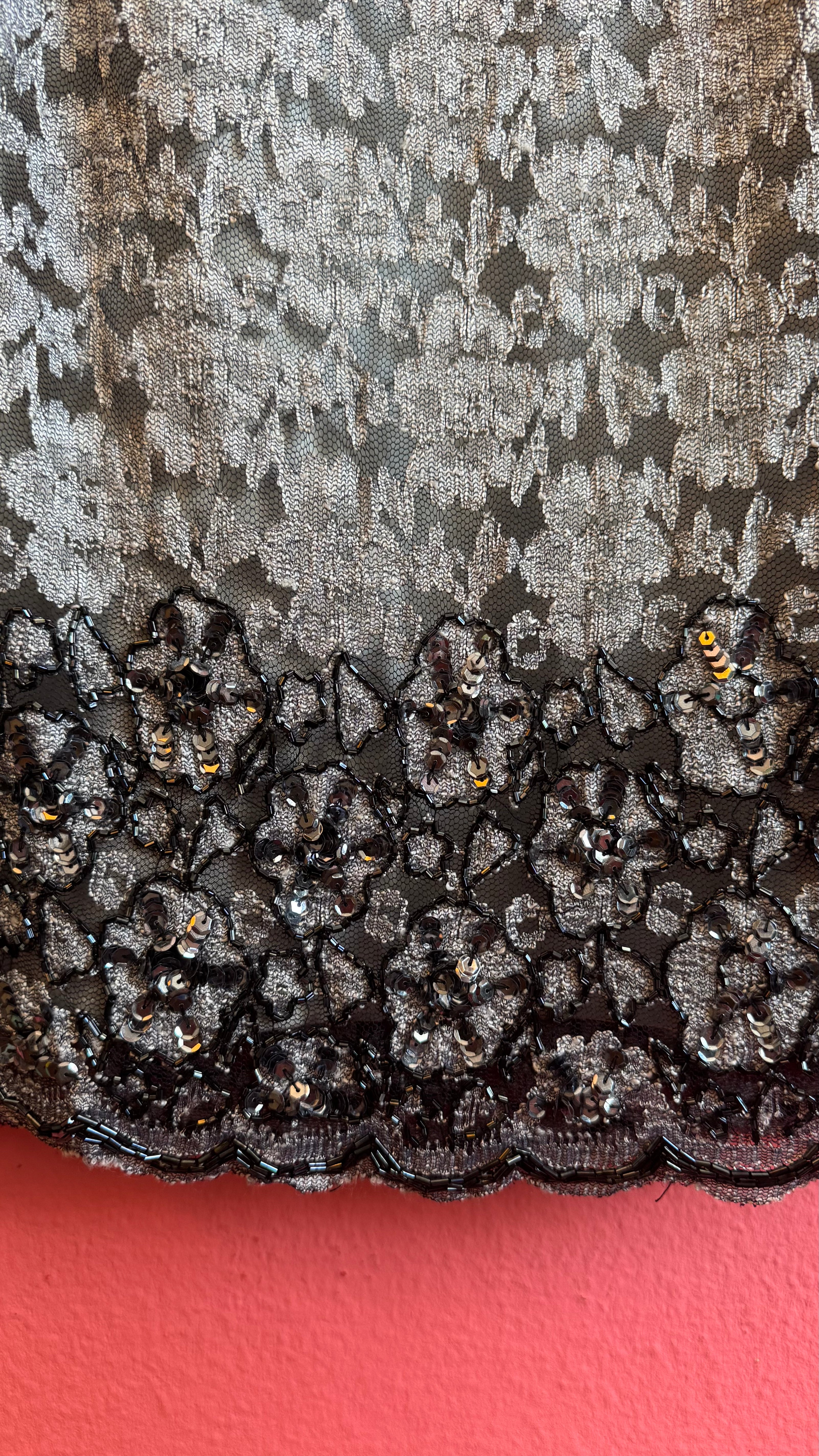 Vintage 1990s Silver Floral Lace Beaded Midi Skirt