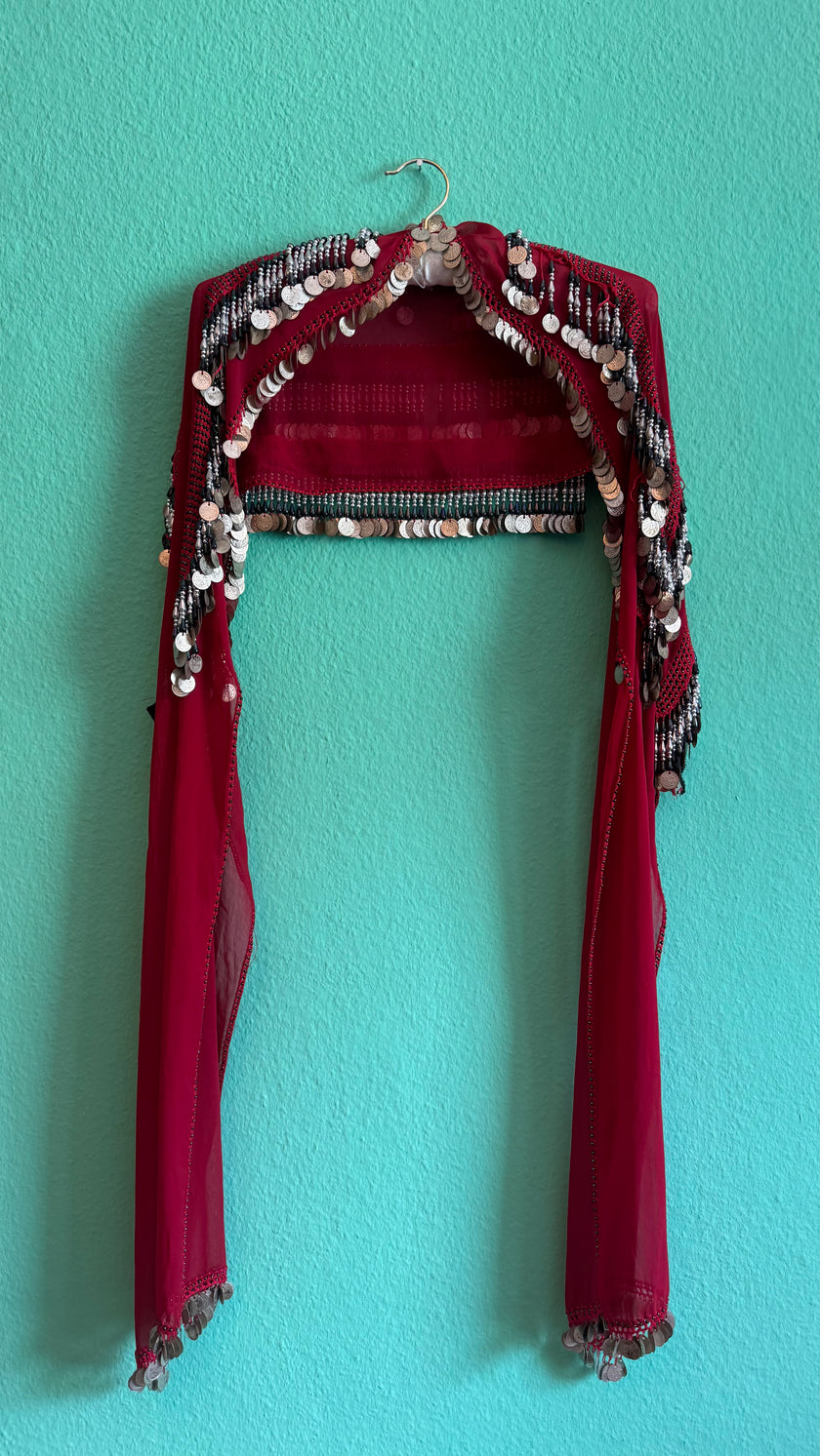 1970s Burgundy Coin Embellished Cropped Shrug
