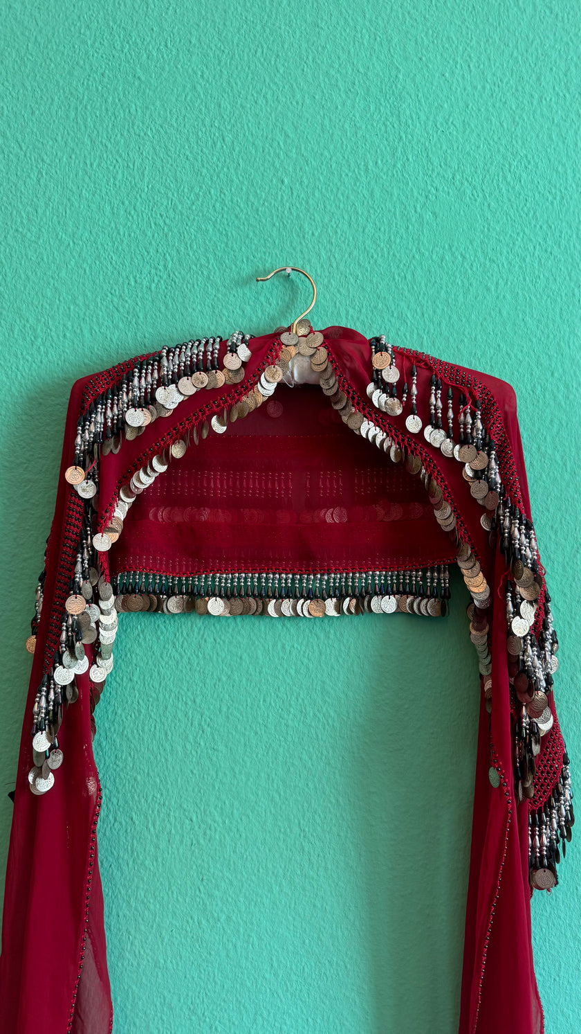1970s Burgundy Coin Embellished Cropped Shrug