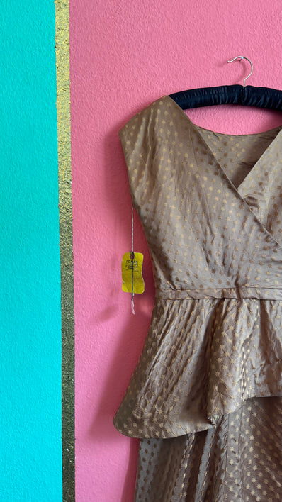 1950s Taupe Star Print Silk-Like Cocktail Dress With Original Tag
