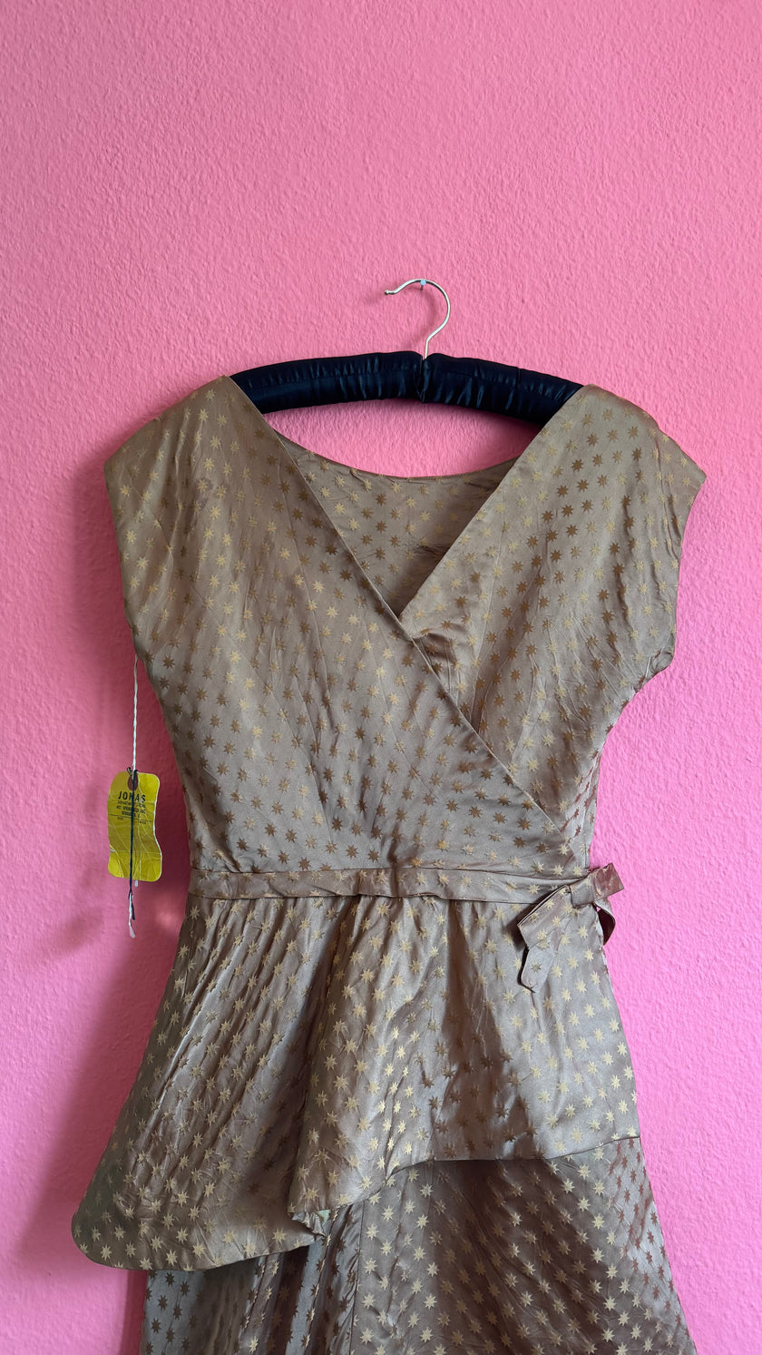 1950s Taupe Star Print Silk-Like Cocktail Dress With Original Tag
