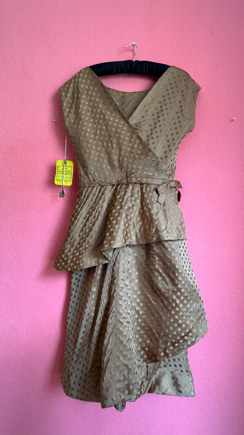 1950s Taupe Star Print Silk-Like Cocktail Dress With Original Tag