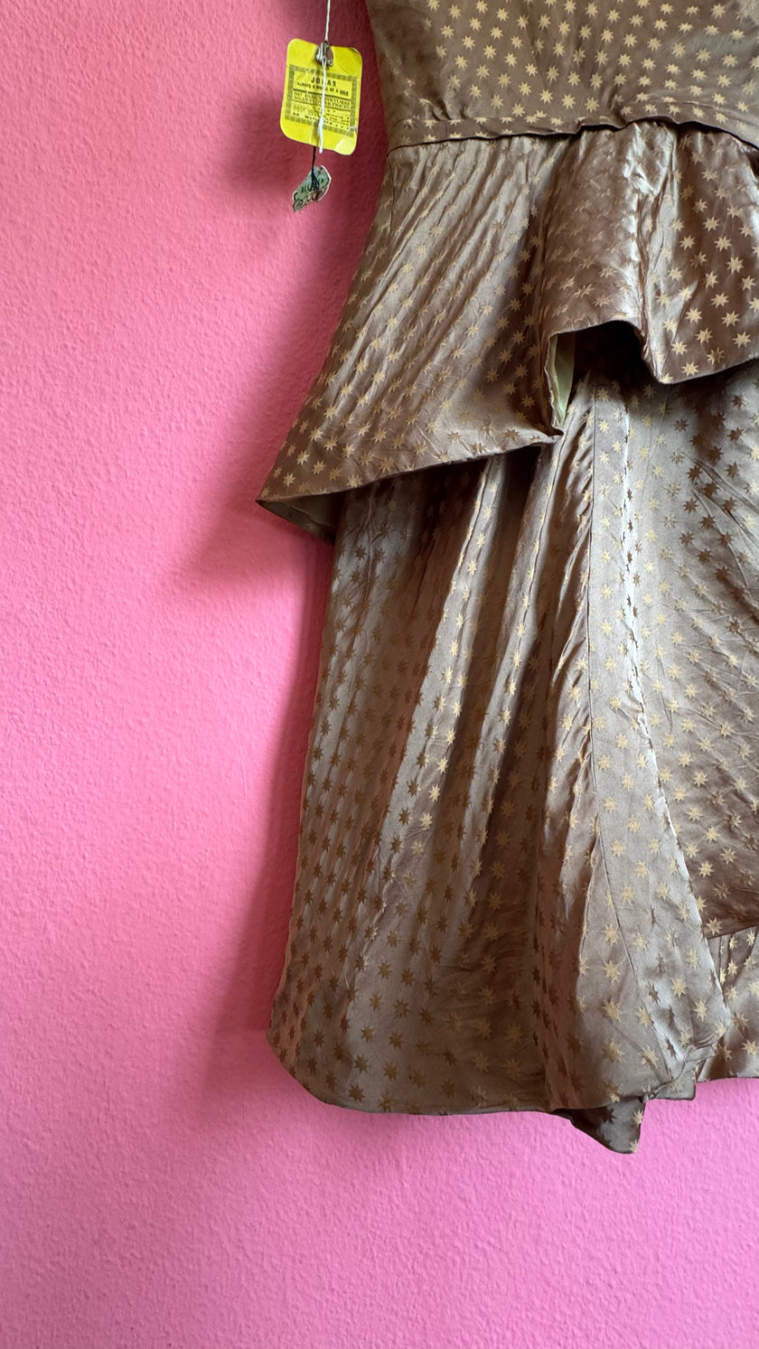 1950s Taupe Star Print Silk-Like Cocktail Dress With Original Tag