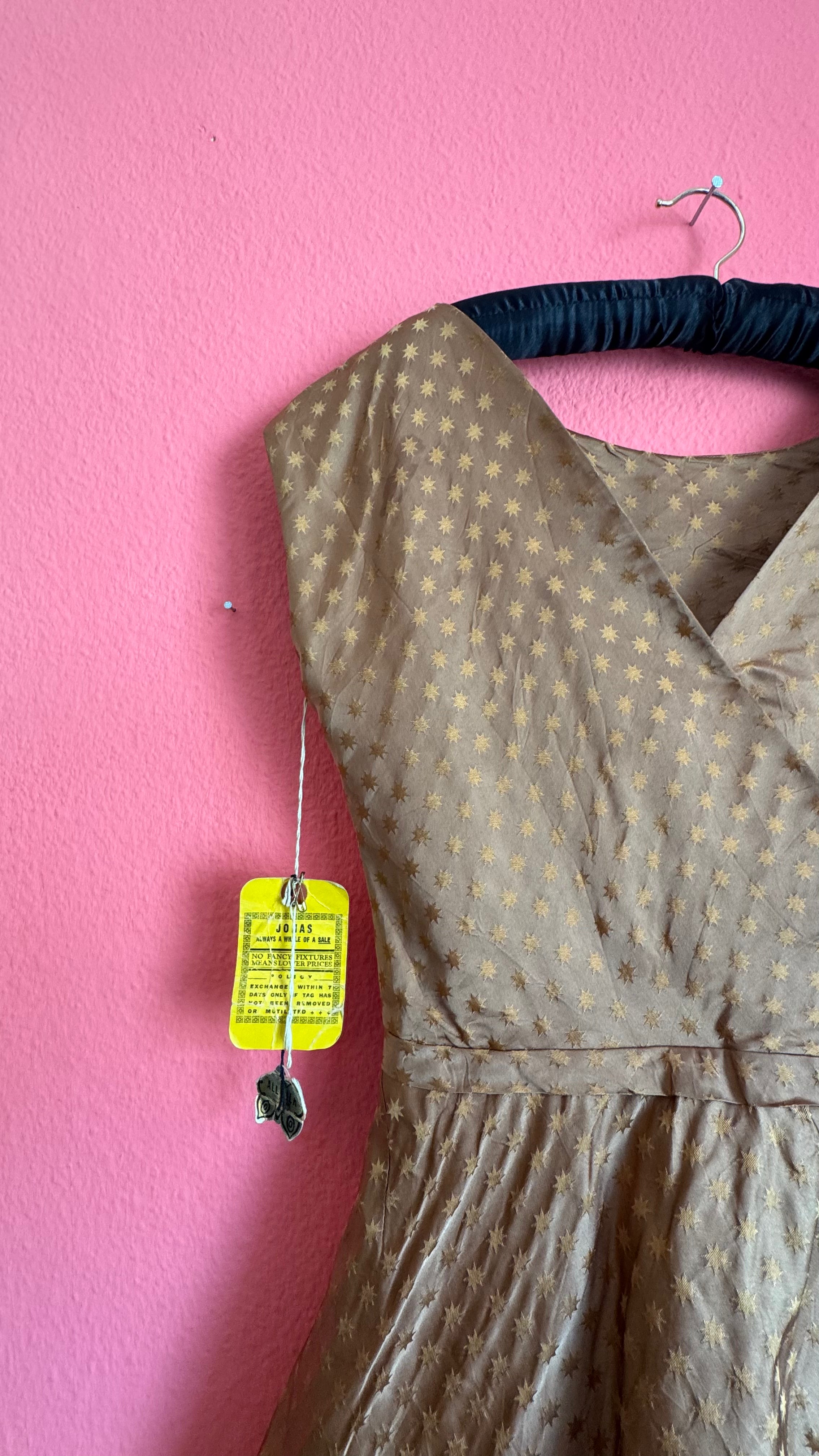 1950s Taupe Star Print Silk-Like Cocktail Dress With Original Tag