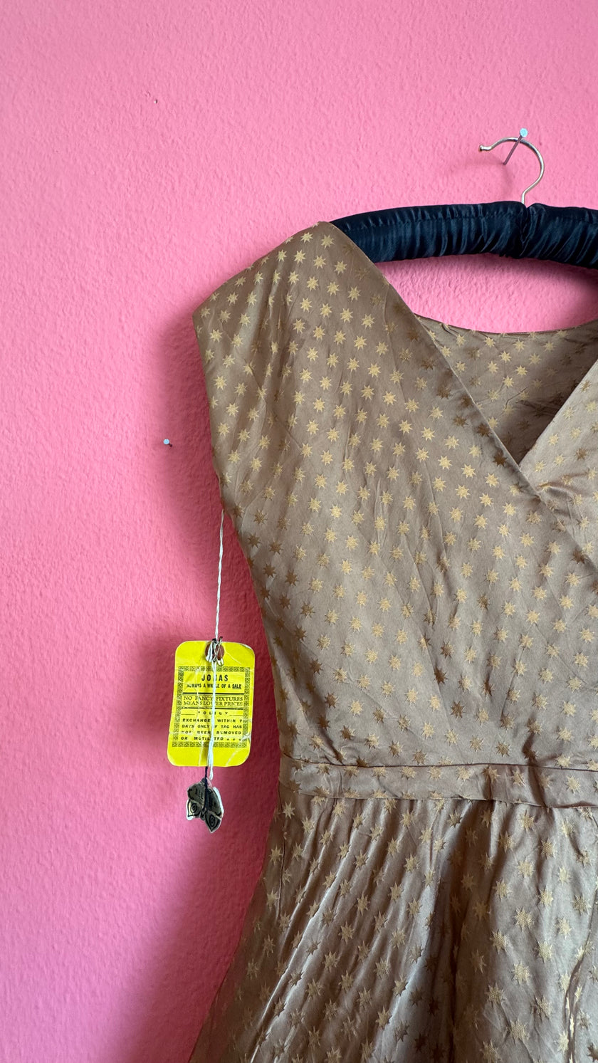 1950s Taupe Star Print Silk-Like Cocktail Dress With Original Tag