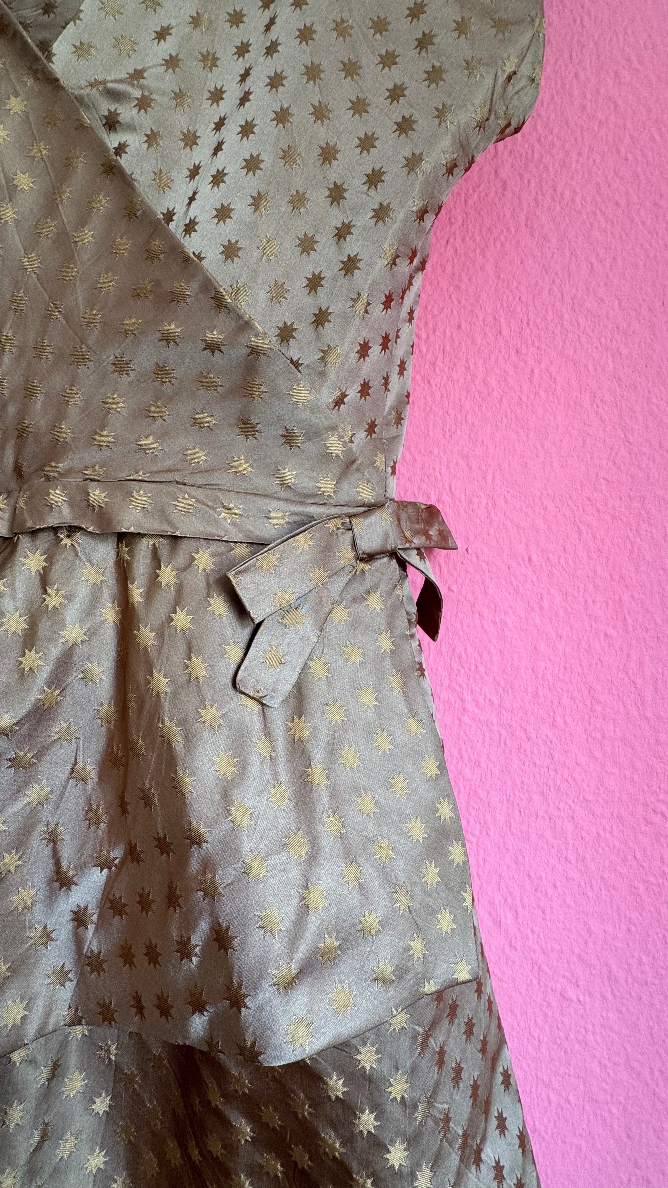 1950s Taupe Star Print Silk-Like Cocktail Dress With Original Tag