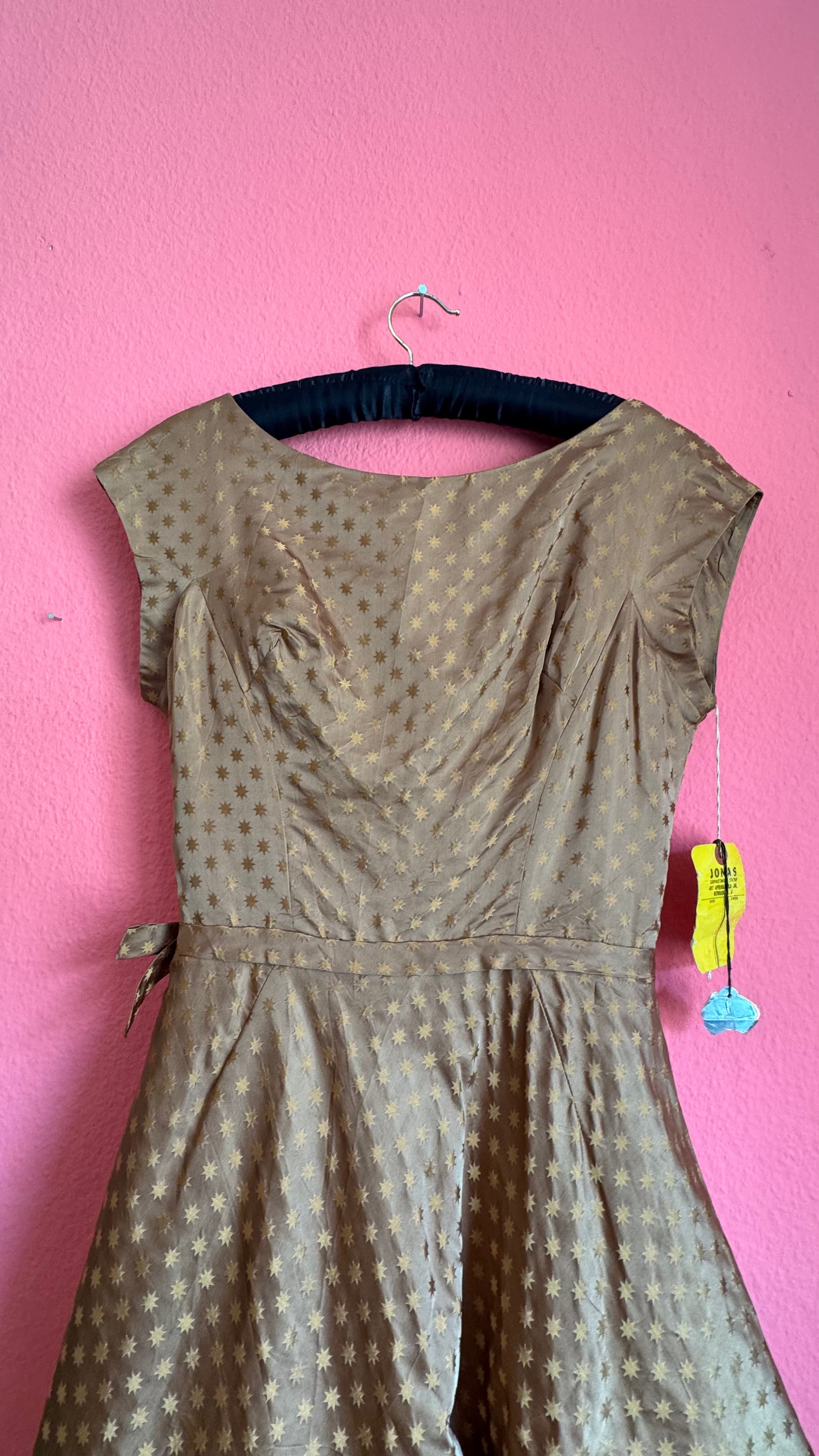 1950s Taupe Star Print Silk-Like Cocktail Dress With Original Tag
