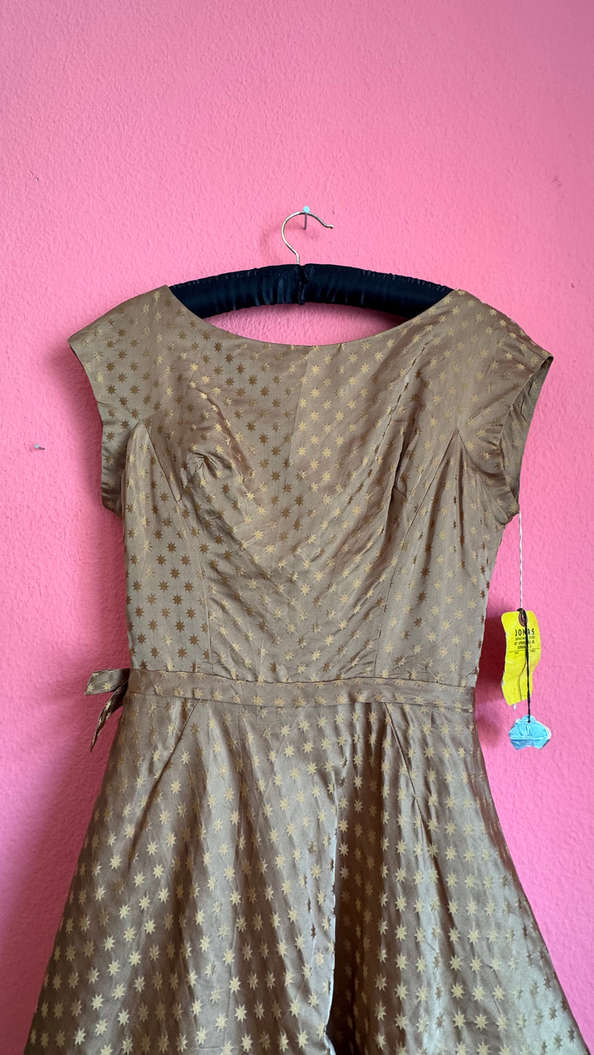 1950s Taupe Star Print Silk-Like Cocktail Dress With Original Tag