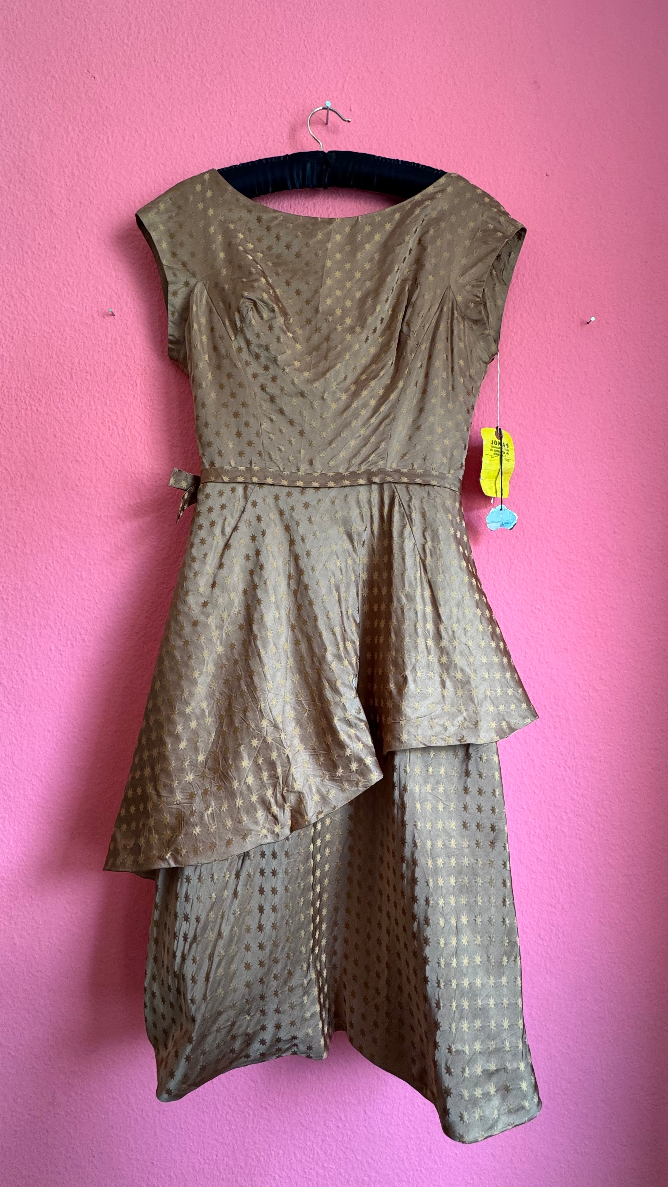 1950s Taupe Star Print Silk-Like Cocktail Dress With Original Tag