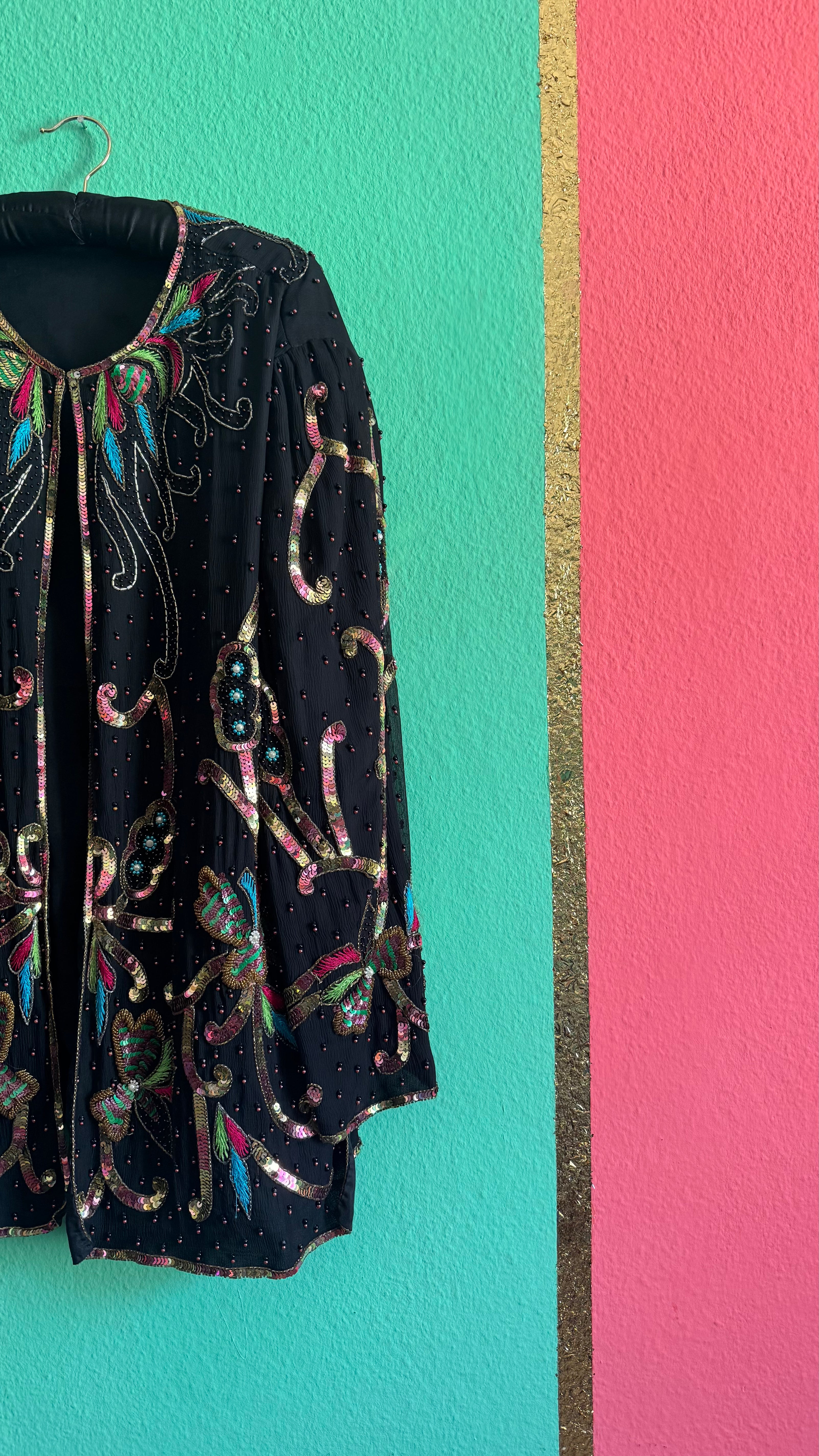 1980s Black Beaded Sequin Evening Jacket