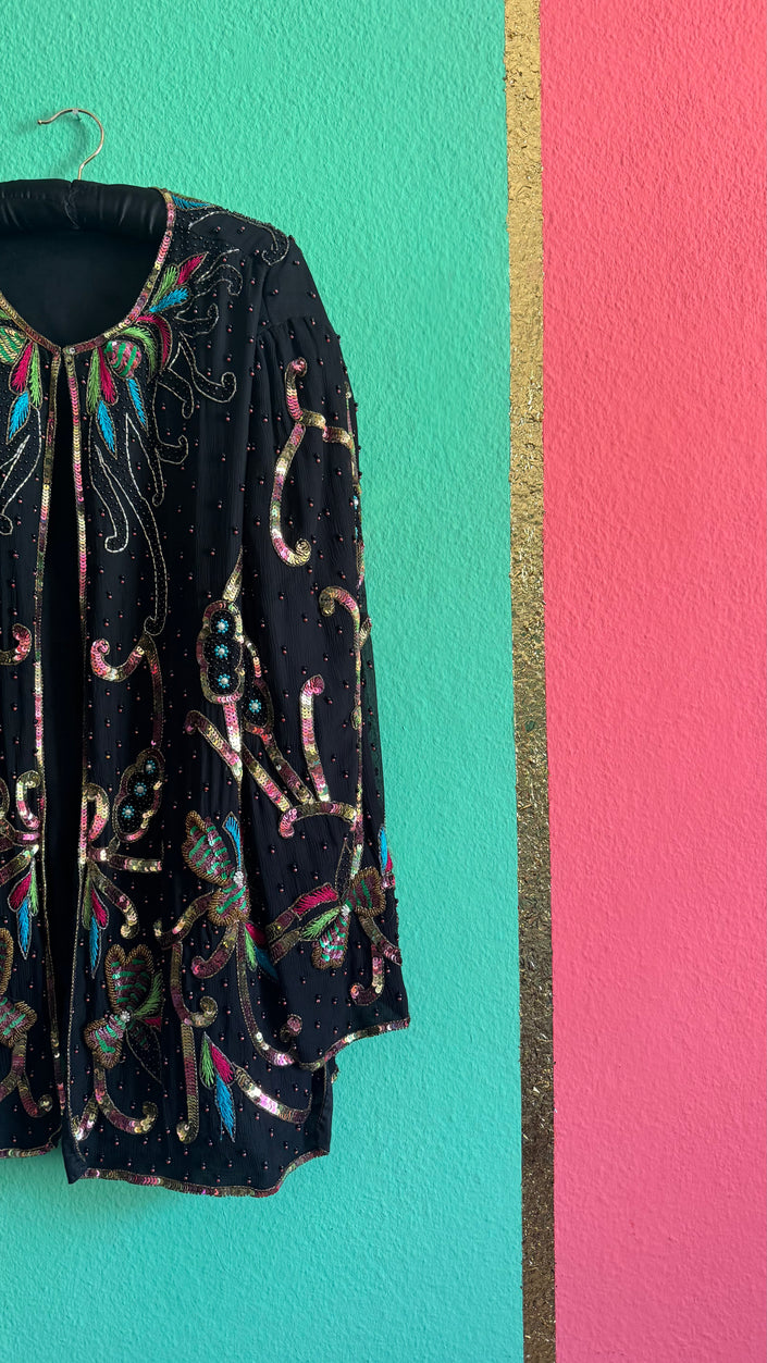 1980s Black Beaded Sequin Evening Jacket