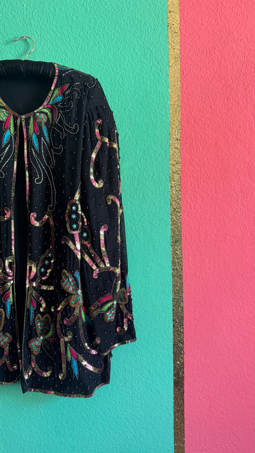 1980s Black Beaded Sequin Evening Jacket