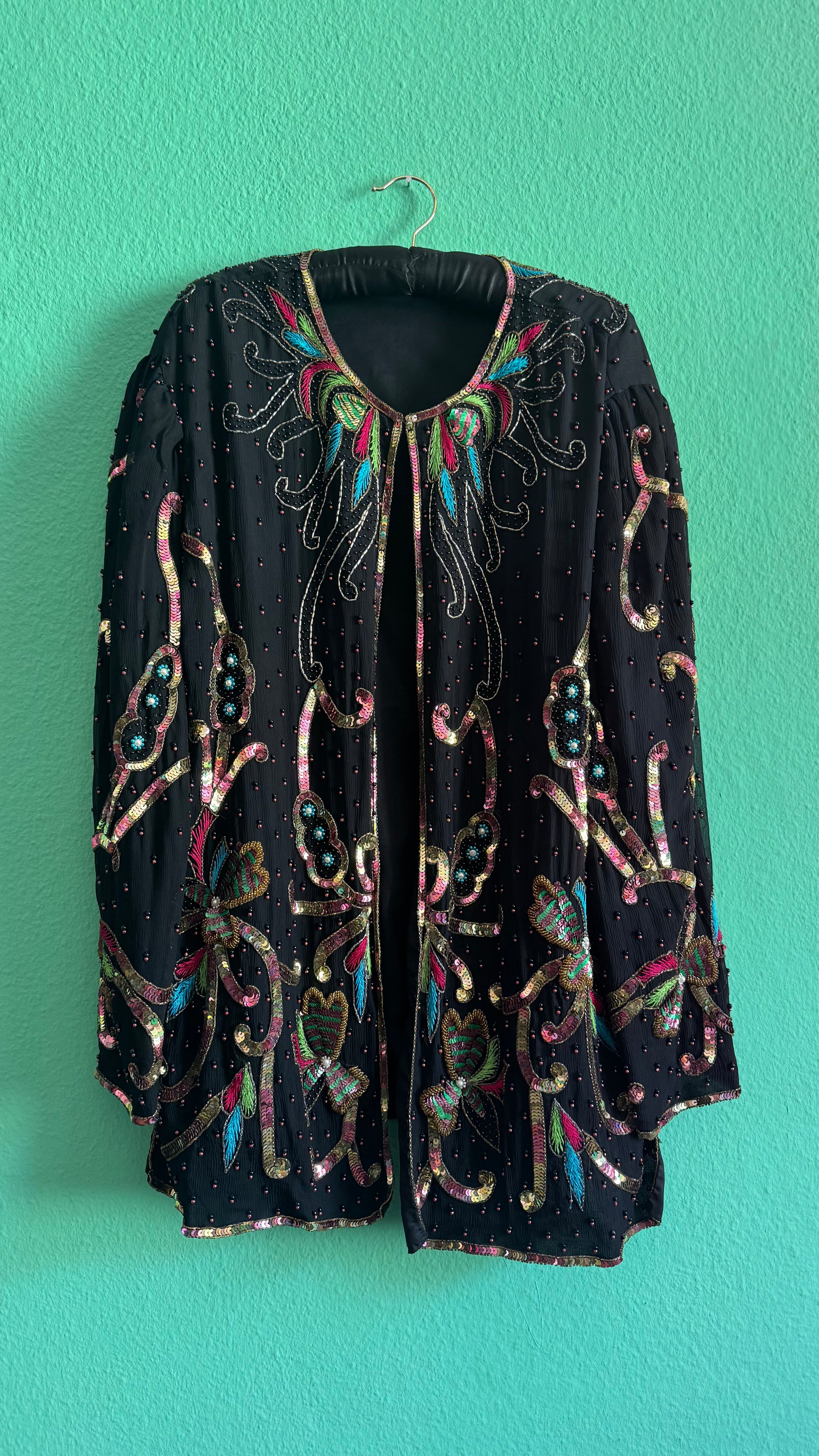 1980s Black Beaded Sequin Evening Jacket