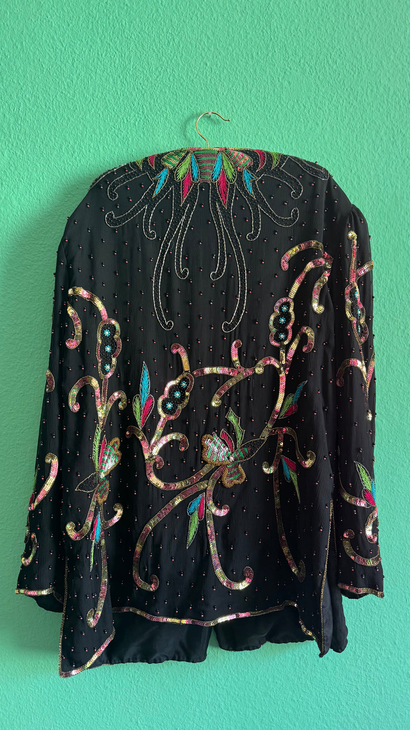 1980s Black Beaded Sequin Evening Jacket