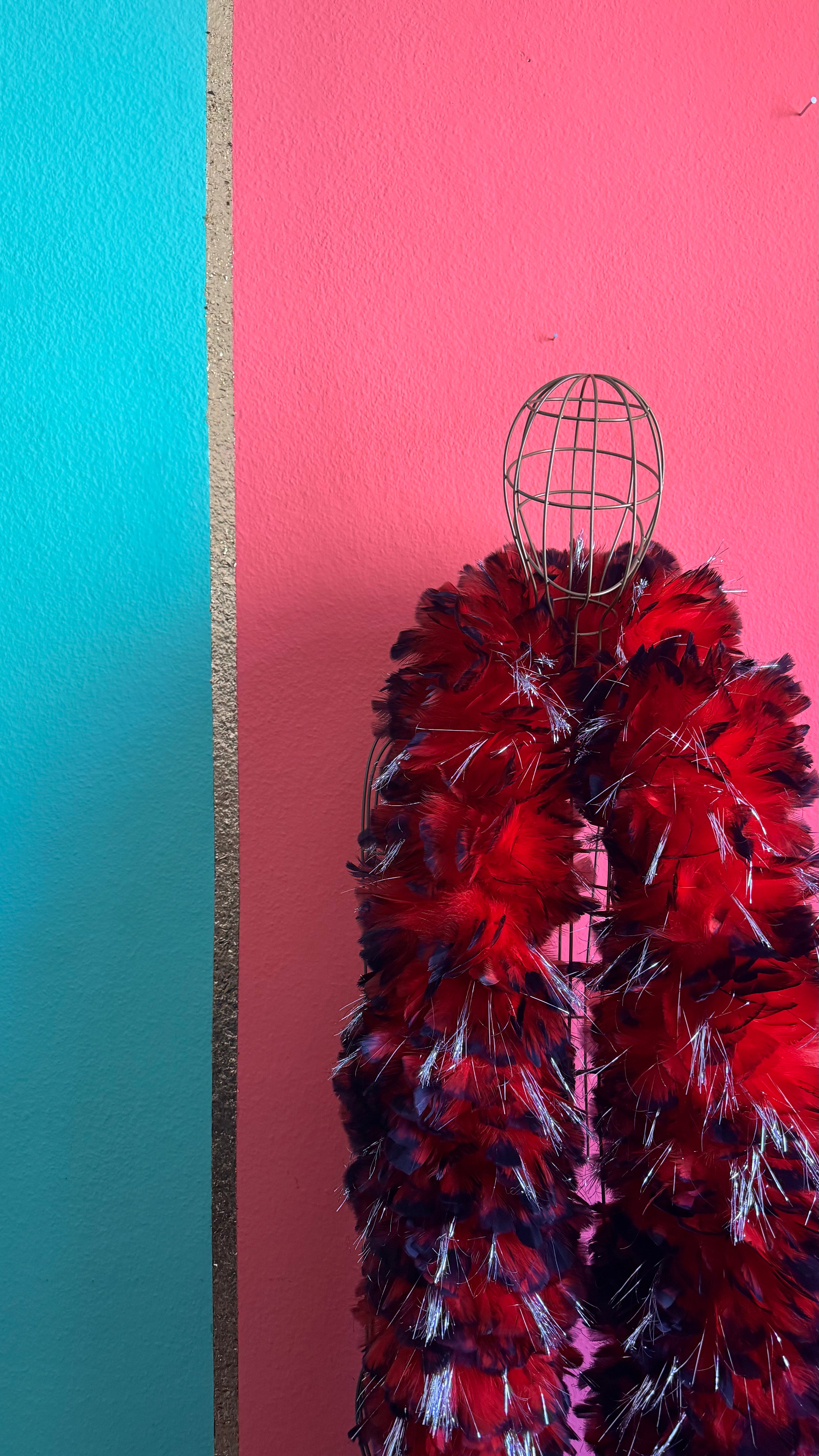 1980s Red Feather Boa With Silver Tinsel Detail