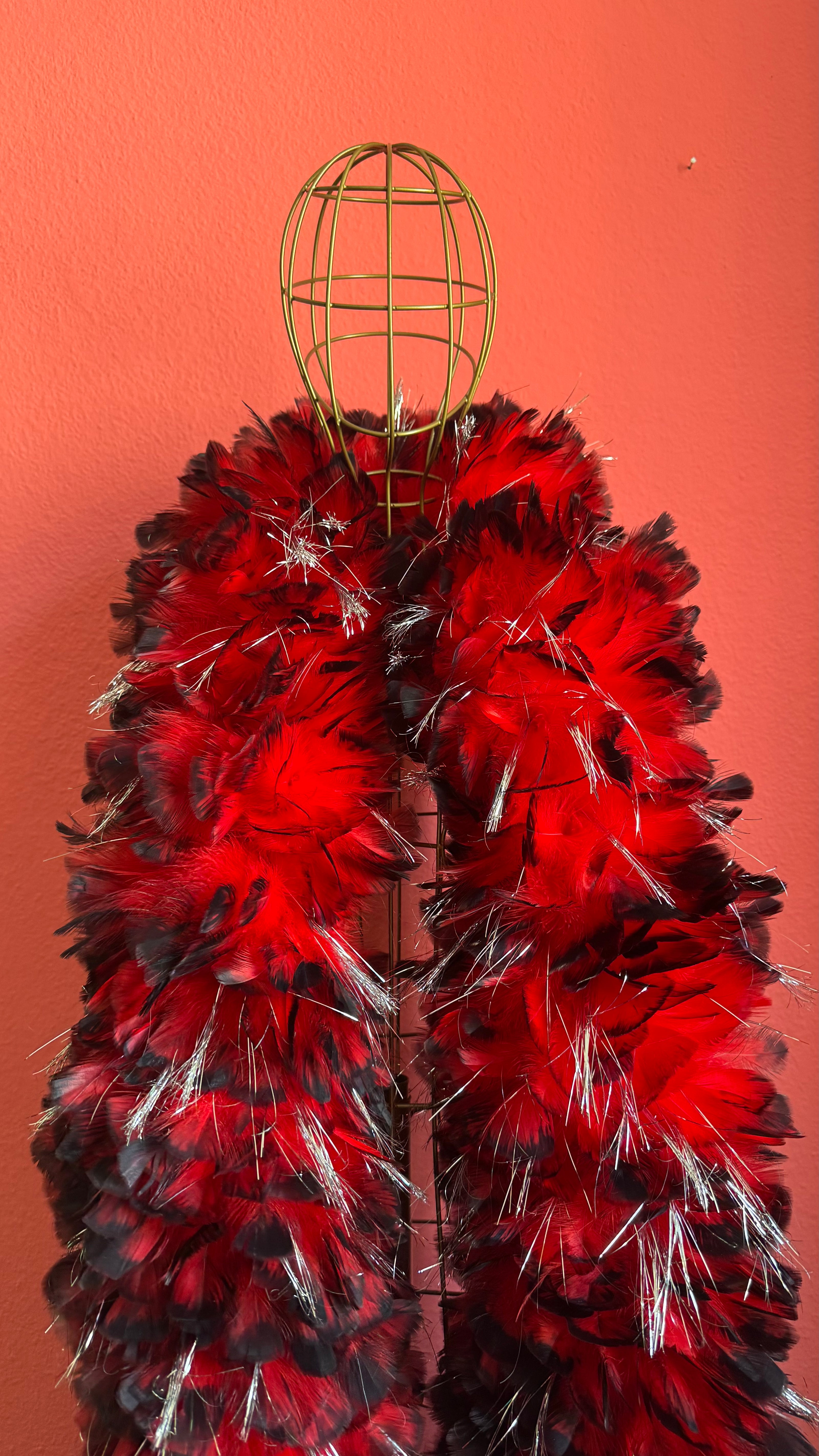 1980s Red Feather Boa With Silver Tinsel Detail