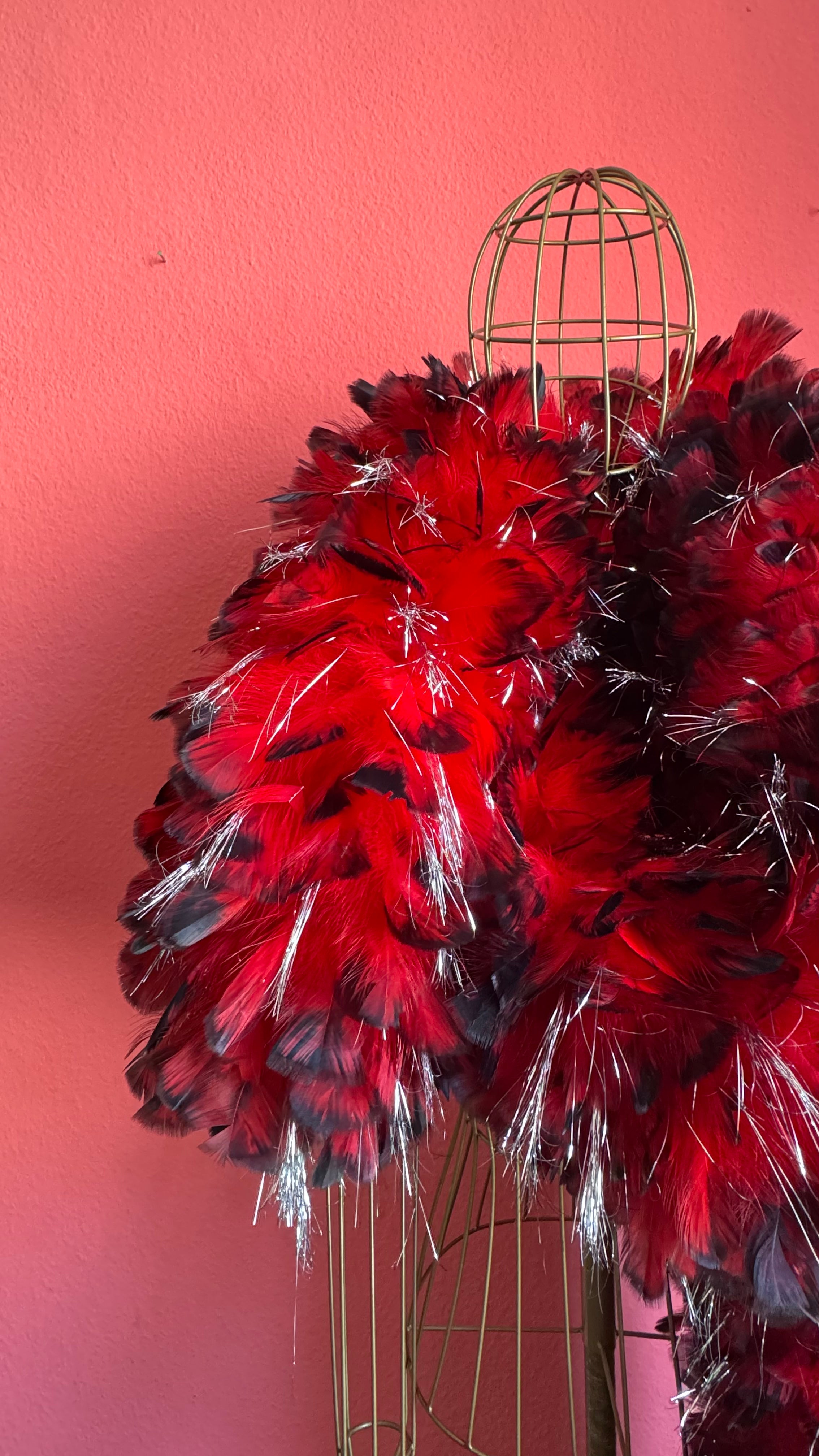 1980s Red Feather Boa With Silver Tinsel Detail
