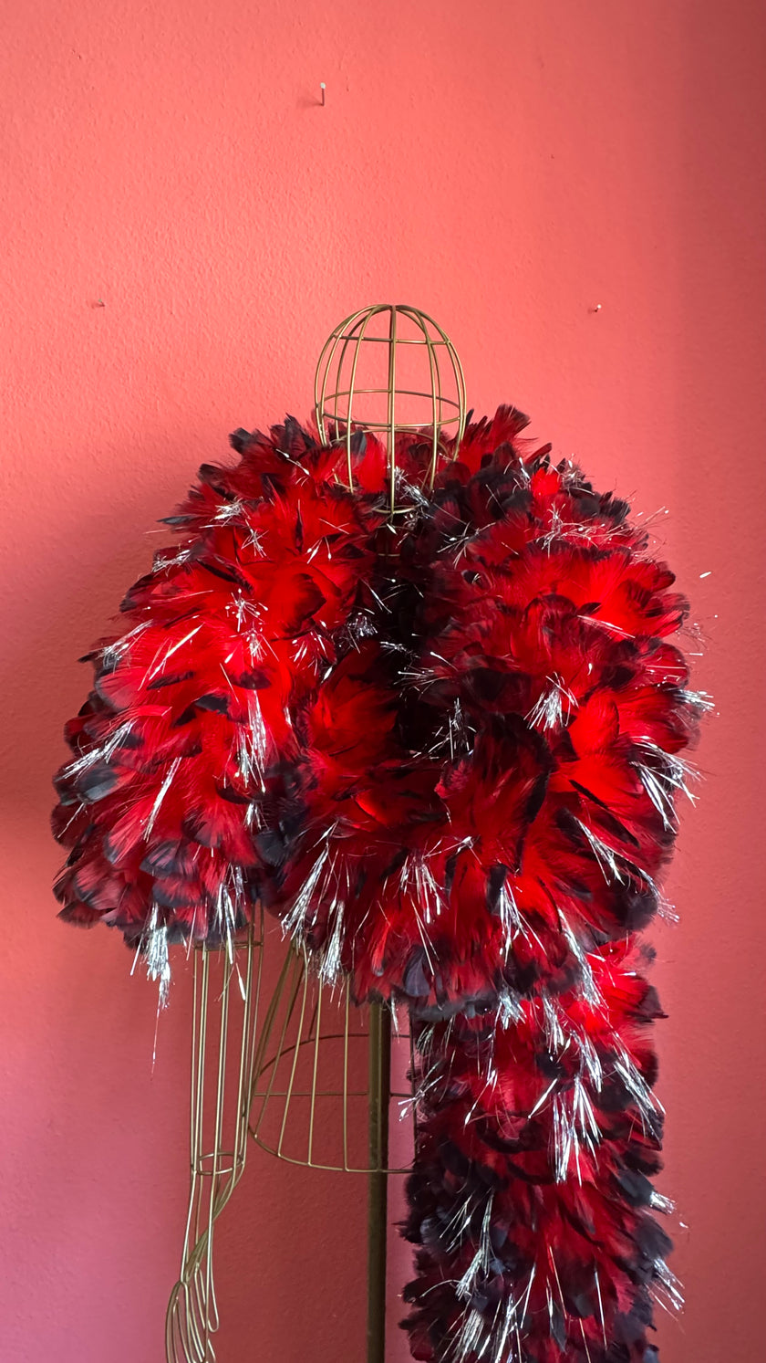 1980s Red Feather Boa With Silver Tinsel Detail