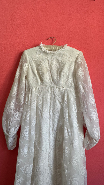 1970s Ivory Lace Bridal Dress With Sheer Sleeves