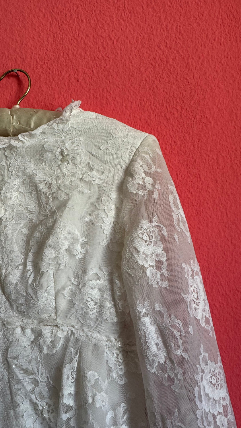 1970s Ivory Lace Bridal Dress With Sheer Sleeves