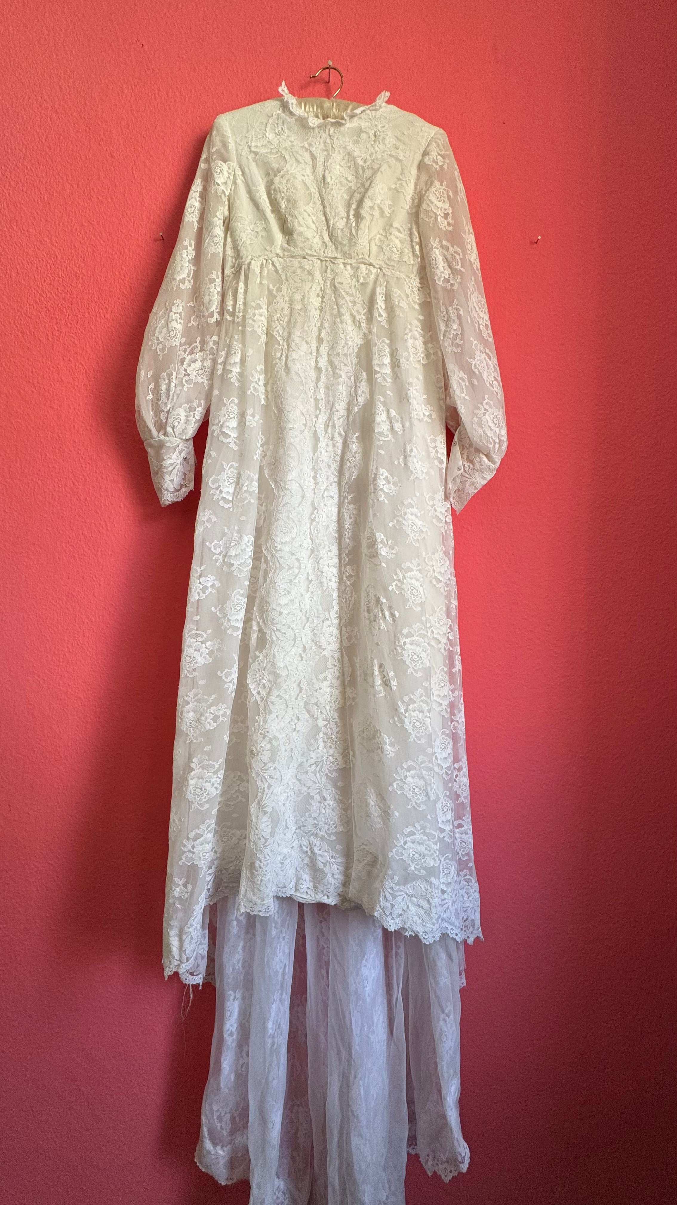 1970s Ivory Lace Bridal Dress With Sheer Sleeves