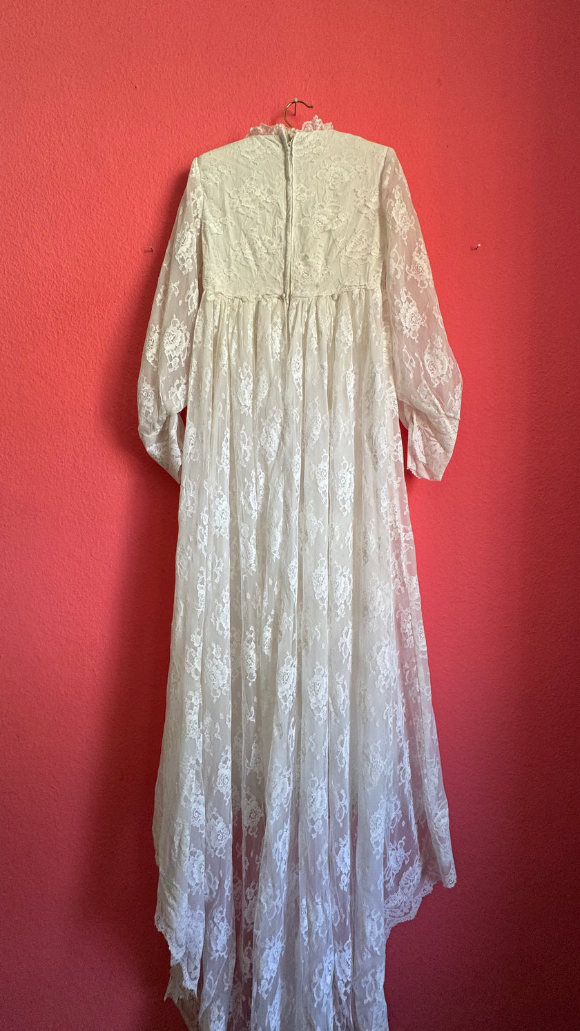 1970s Ivory Lace Bridal Dress With Sheer Sleeves