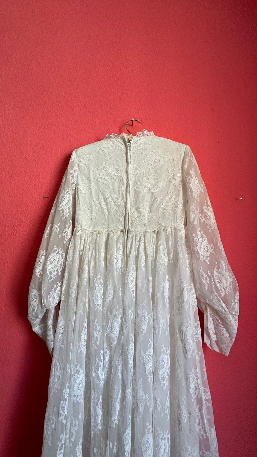 1970s Ivory Lace Bridal Dress With Sheer Sleeves