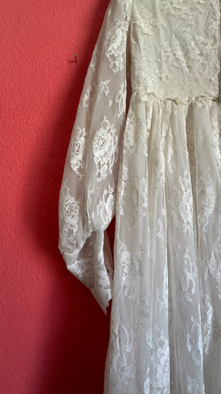 1970s Ivory Lace Bridal Dress With Sheer Sleeves