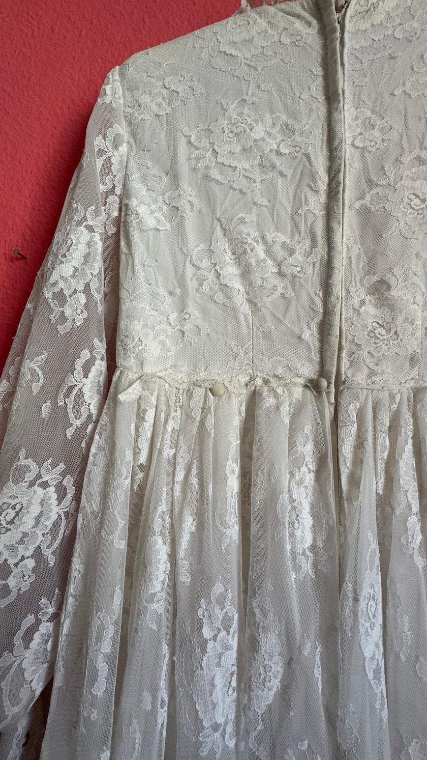 1970s Ivory Lace Bridal Dress With Sheer Sleeves