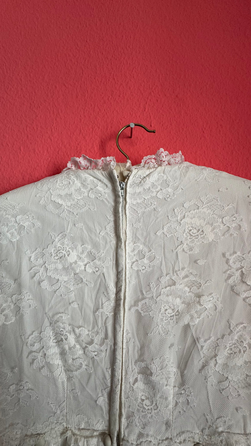 1970s Ivory Lace Bridal Dress With Sheer Sleeves