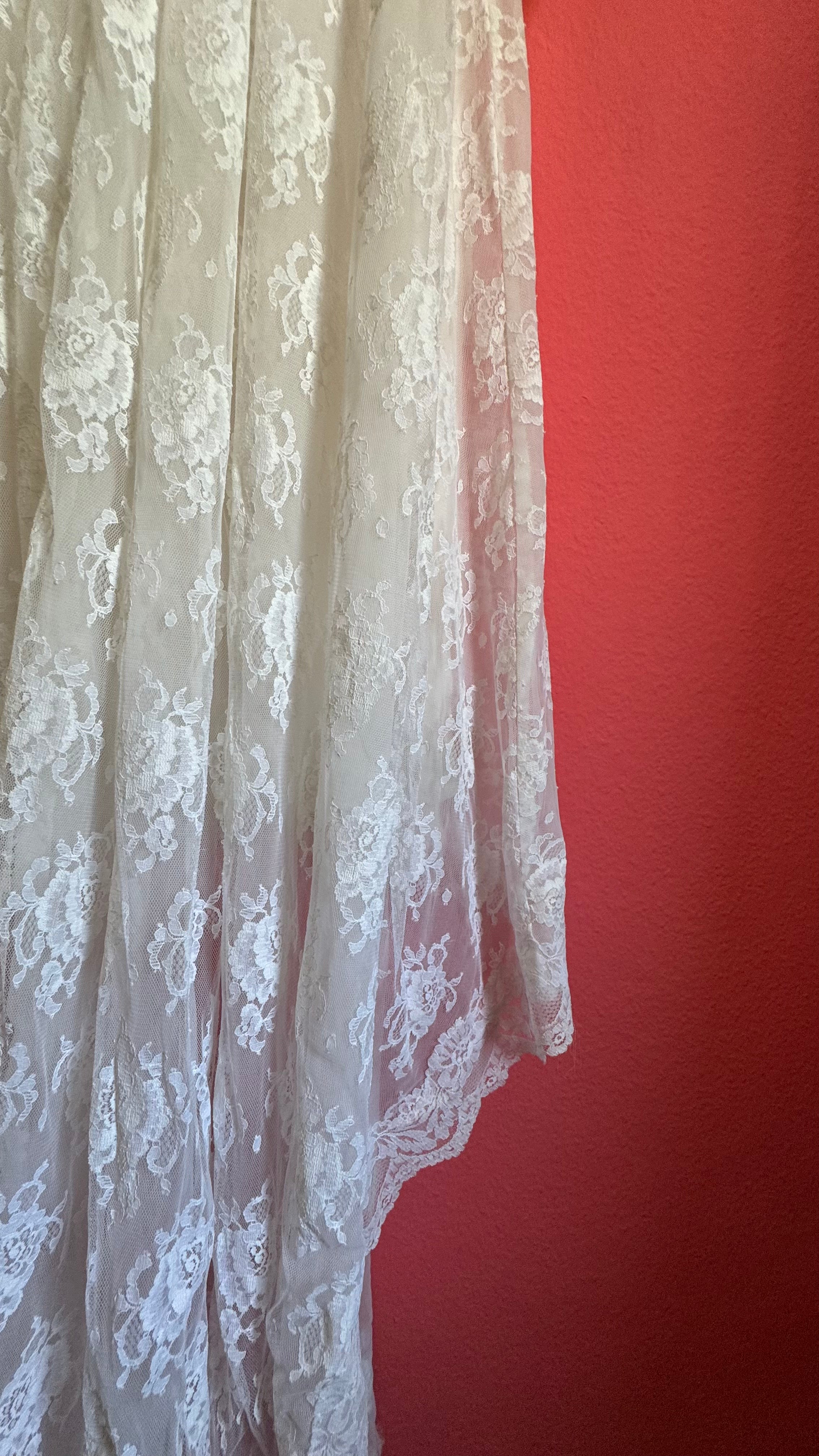 1970s Ivory Lace Bridal Dress With Sheer Sleeves