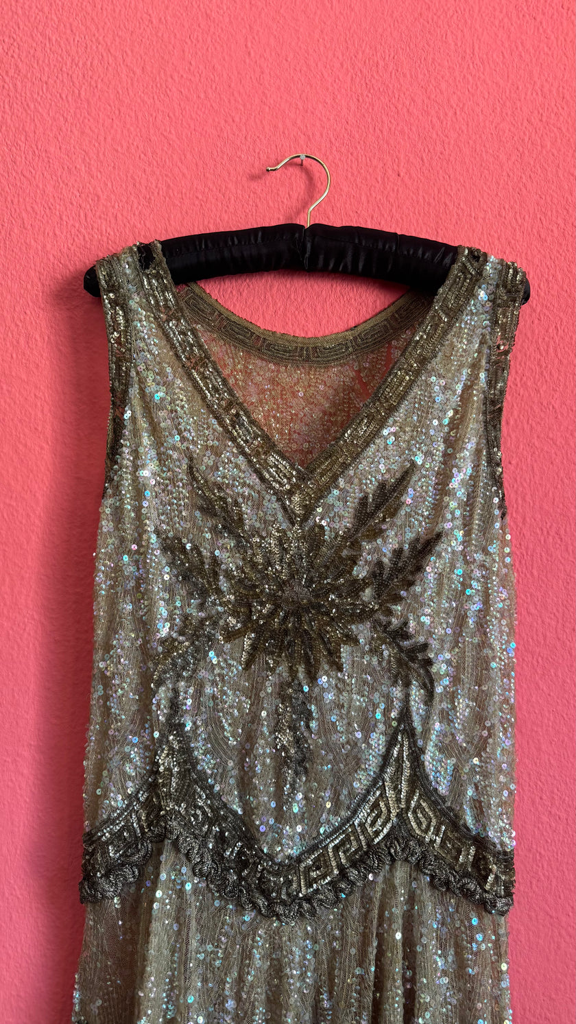 Vintage 1920s Beaded Flapper Dress With Art Deco Sequin Detail