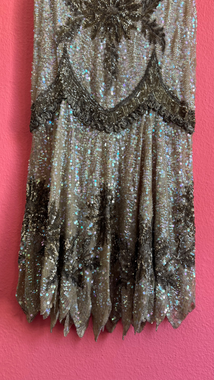 Vintage 1920s Beaded Flapper Dress With Art Deco Sequin Detail