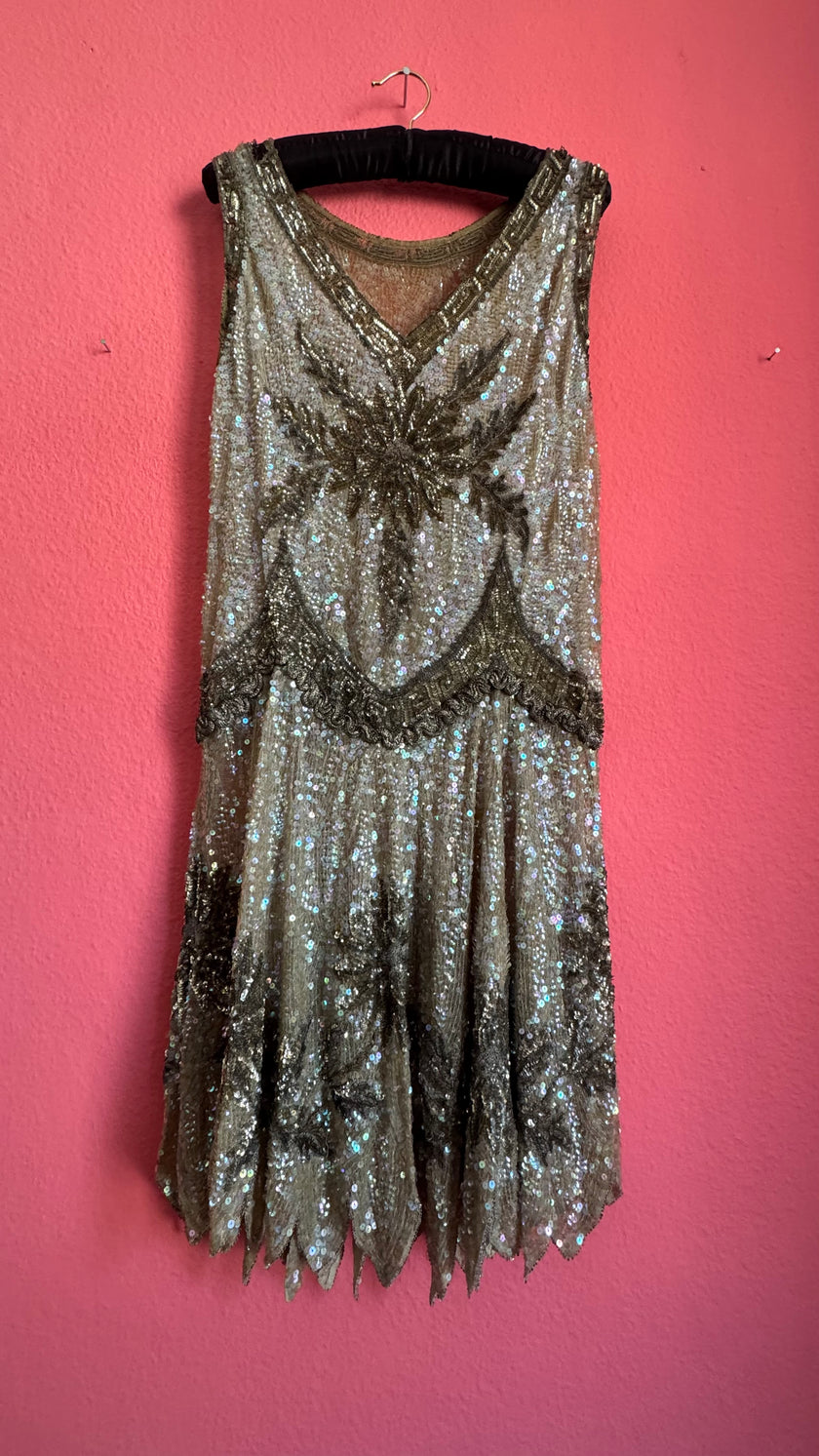 Vintage 1920s Beaded Flapper Dress With Art Deco Sequin Detail