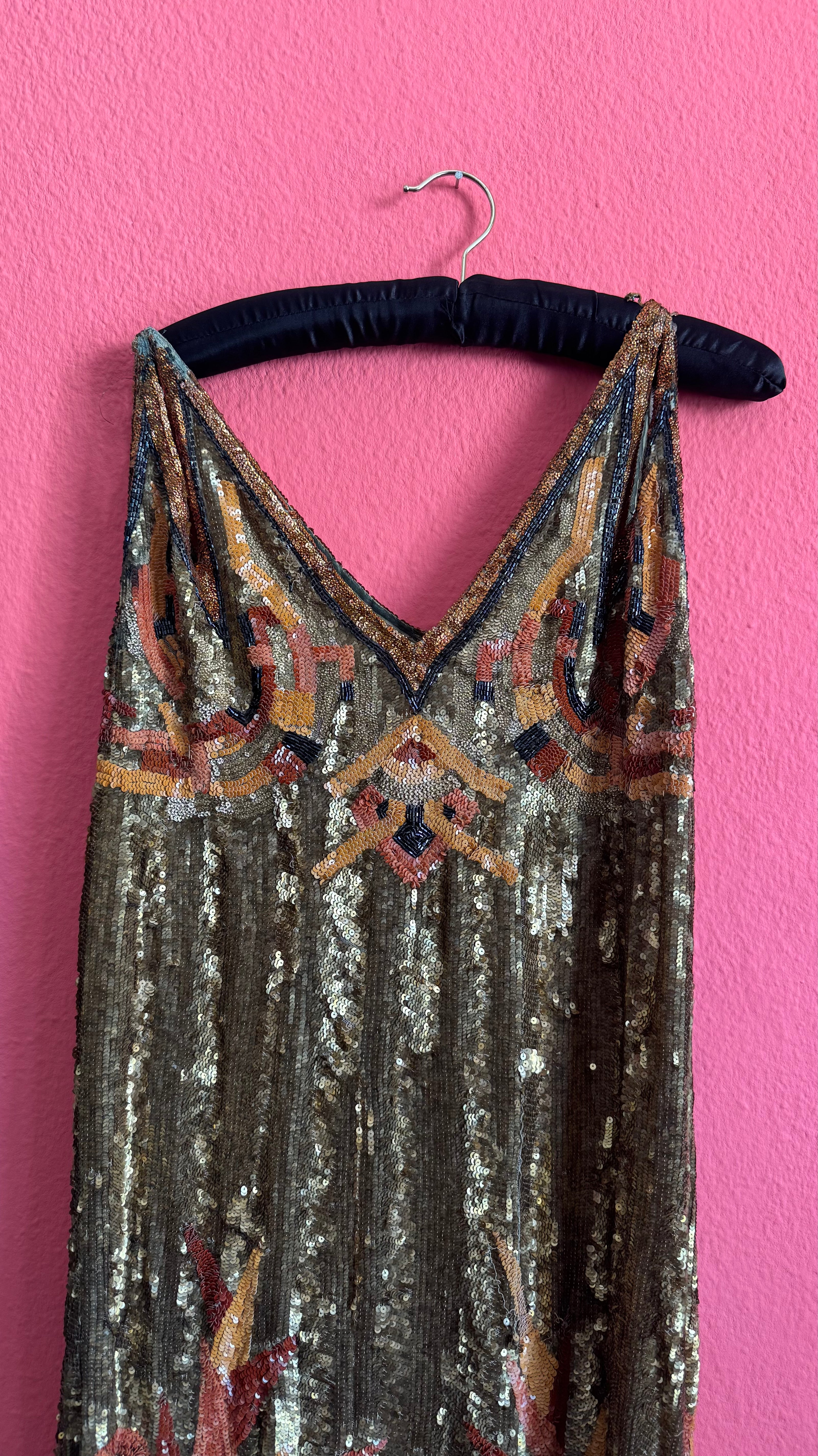 Vintage 1920s Gold Beaded Flapper Dress With Art Deco Motif