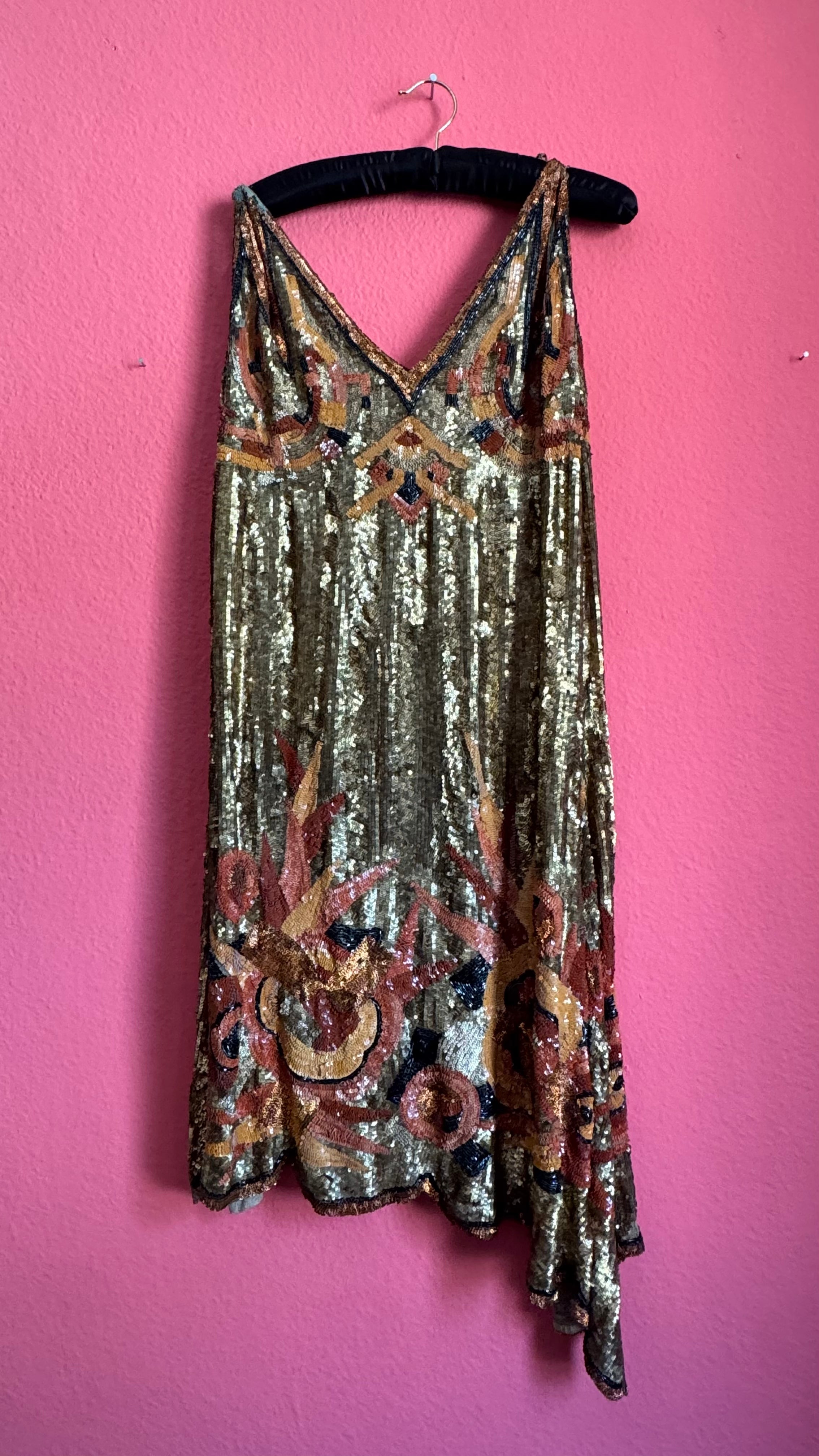 Vintage 1920s Gold Beaded Flapper Dress With Art Deco Motif