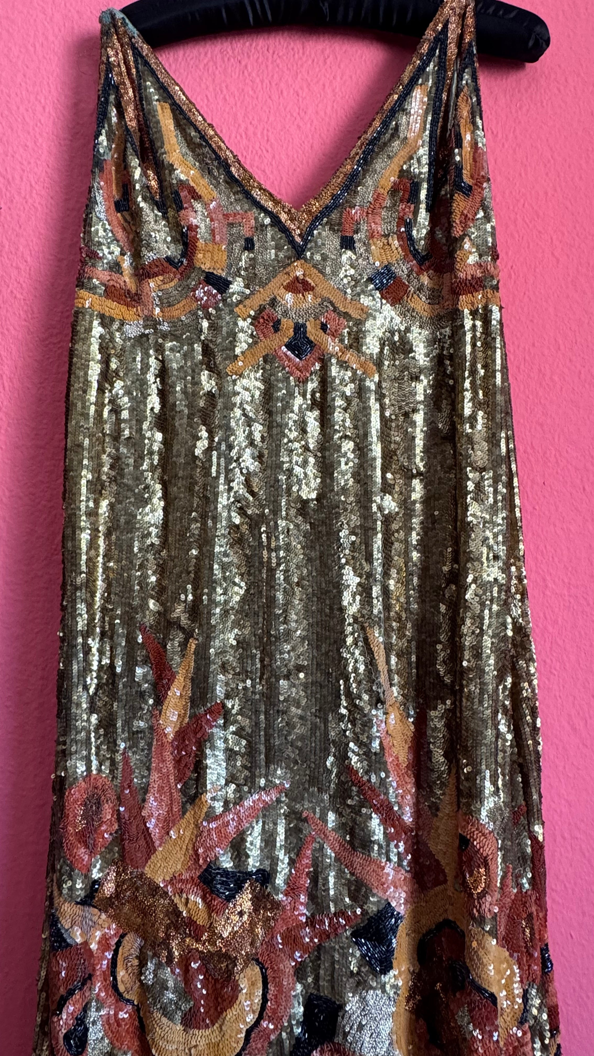 Vintage 1920s Gold Beaded Flapper Dress With Art Deco Motif