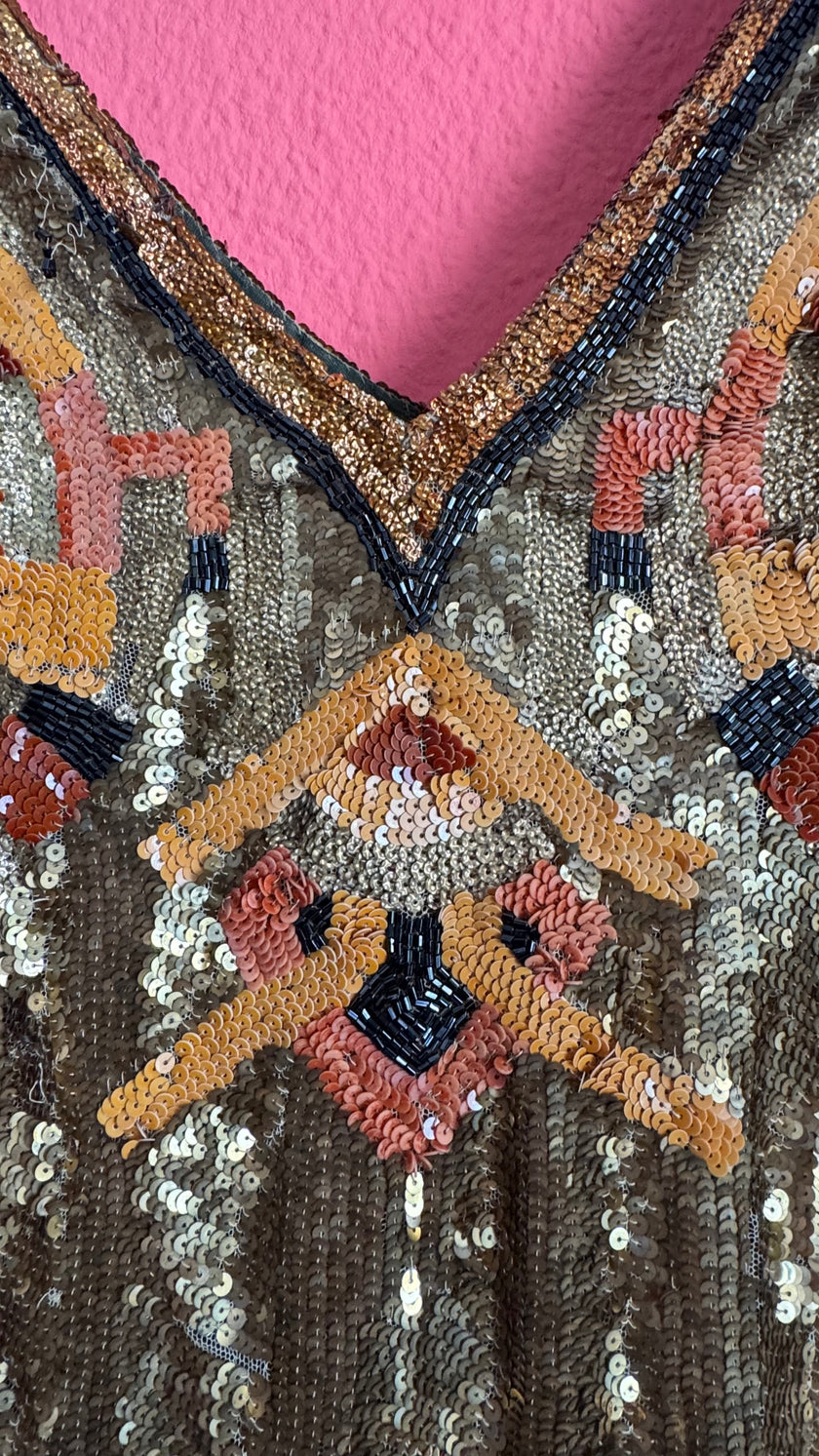 Vintage 1920s Gold Beaded Flapper Dress With Art Deco Motif