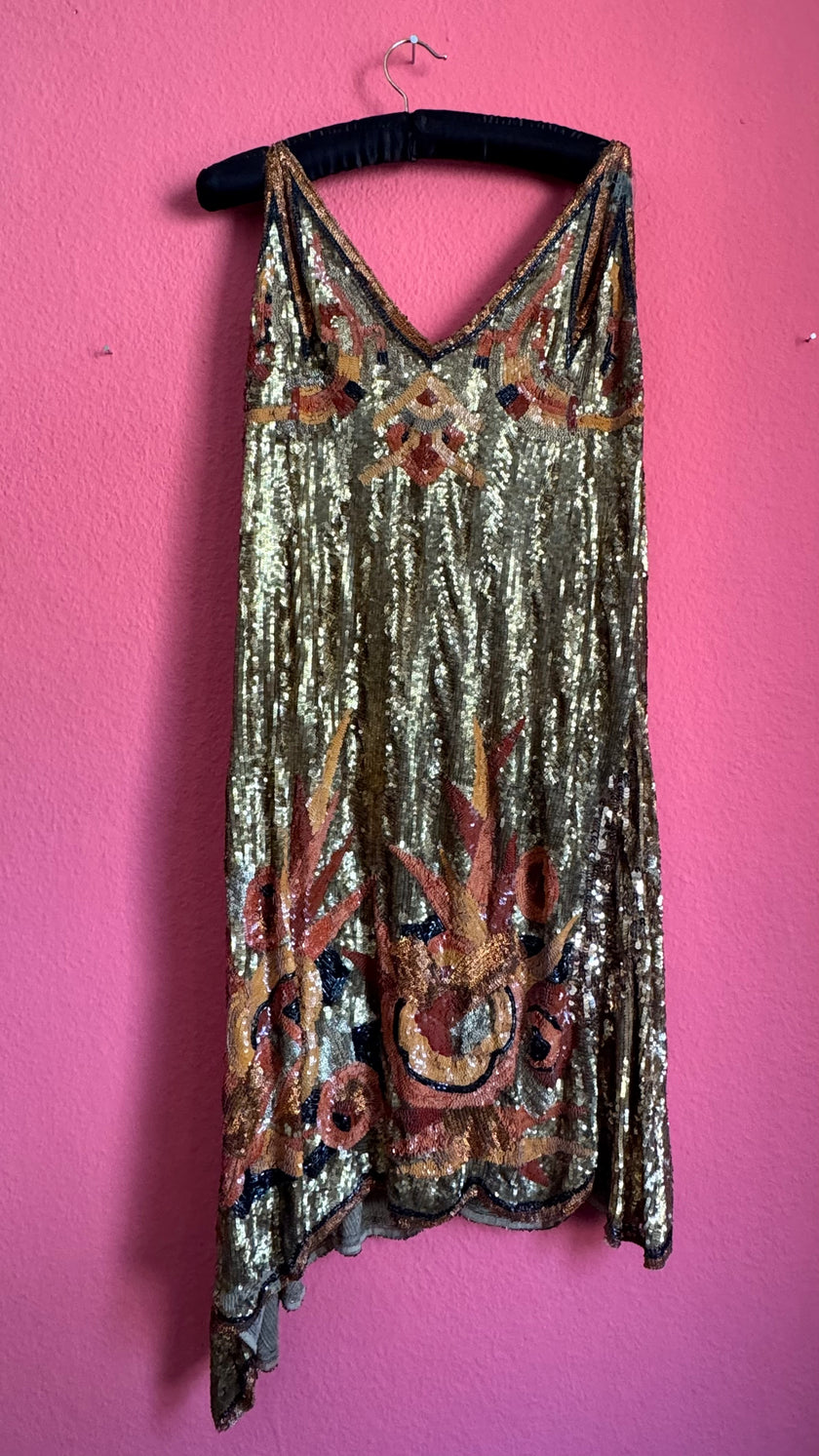 Vintage 1920s Gold Beaded Flapper Dress With Art Deco Motif