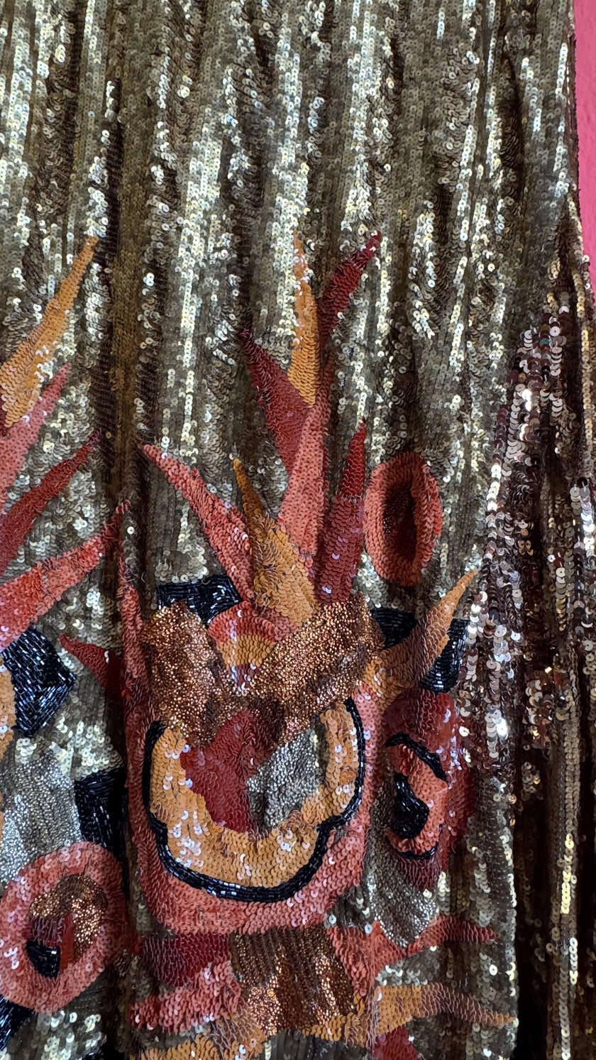 Vintage 1920s Gold Beaded Flapper Dress With Art Deco Motif