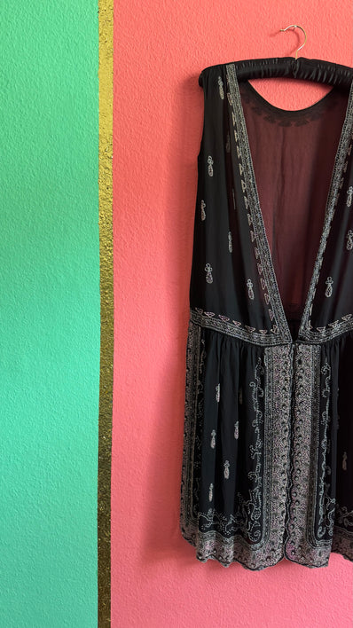 Vintage 1920s Black Beaded Flapper Dress With Silver And Pink Detail